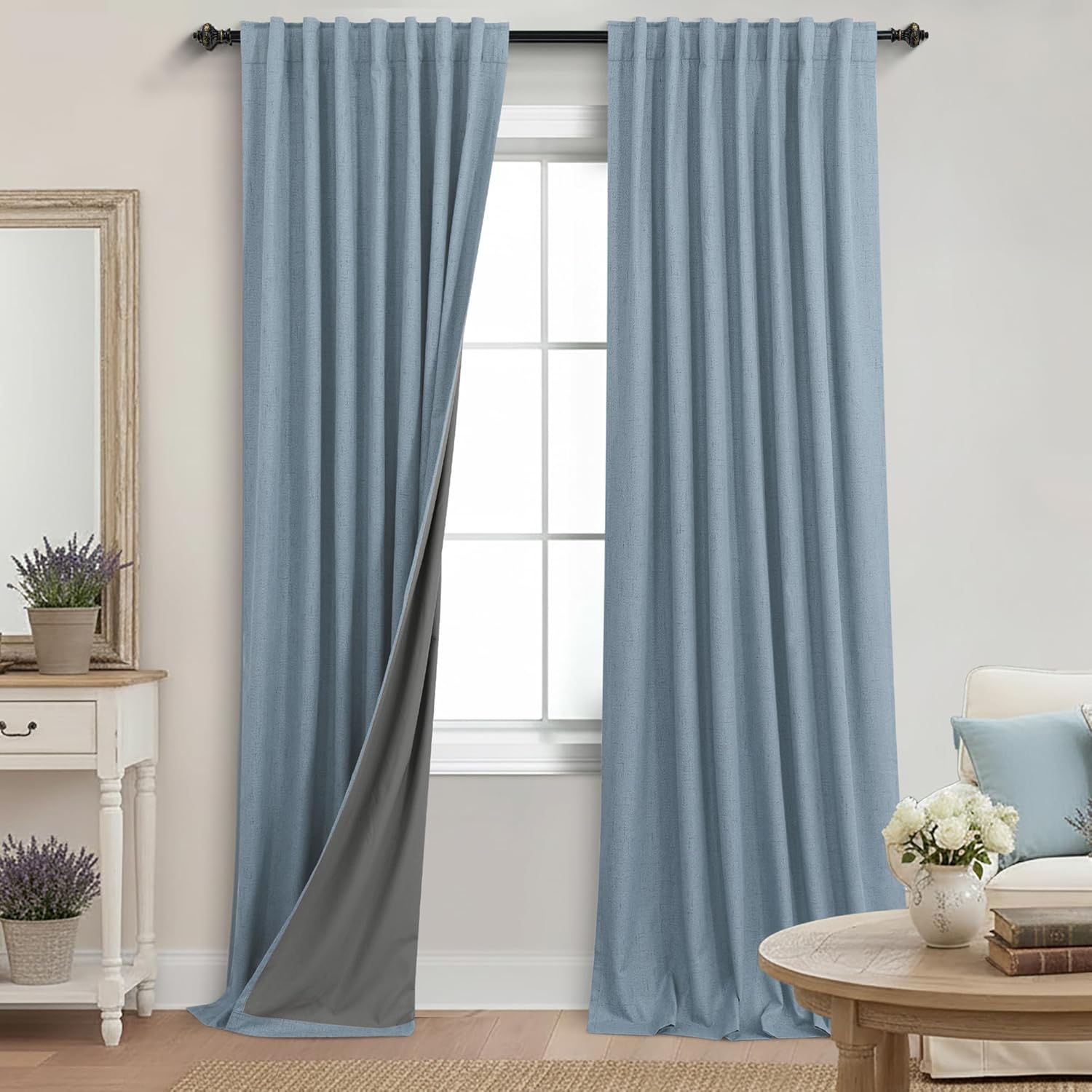 Extra Wide Soundproof Blackout Curtains with Pleated Back Tab Rod Pocket,96 Inch Long 2 Panel Set Thermal Curtain for Winter Insulated to Keep Cold Out Noise Reducing Curtains for Living Room Bedroom