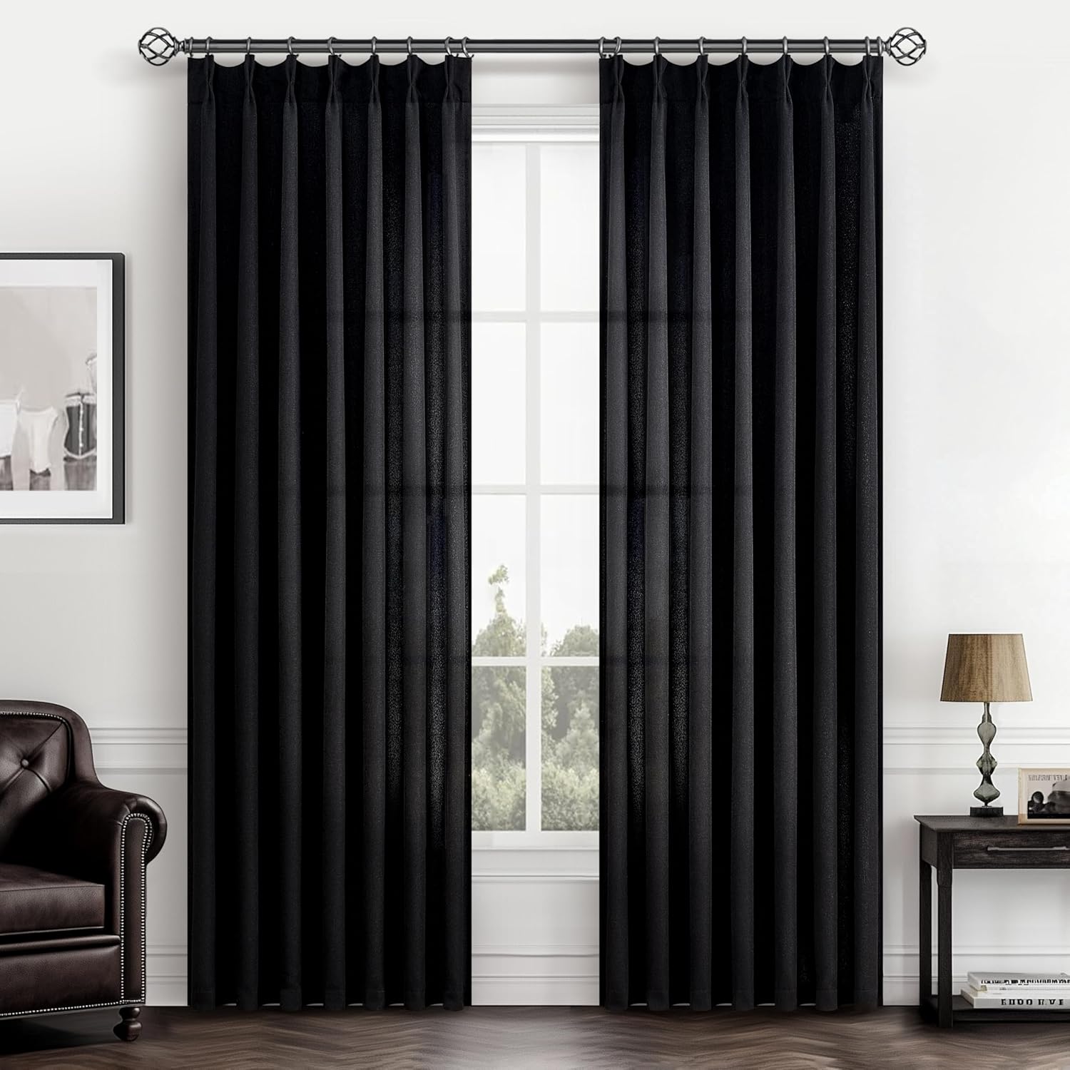 Pinch Pleated Linen Curtains 96 Inches Long for Living Room Bedroom, Light Filtering Boho Window Drape 96 inch 2 Panels Burgs with Hooks&Rings 8ft Cream Birch Sliding Glass Door Sheer Curtain Decor