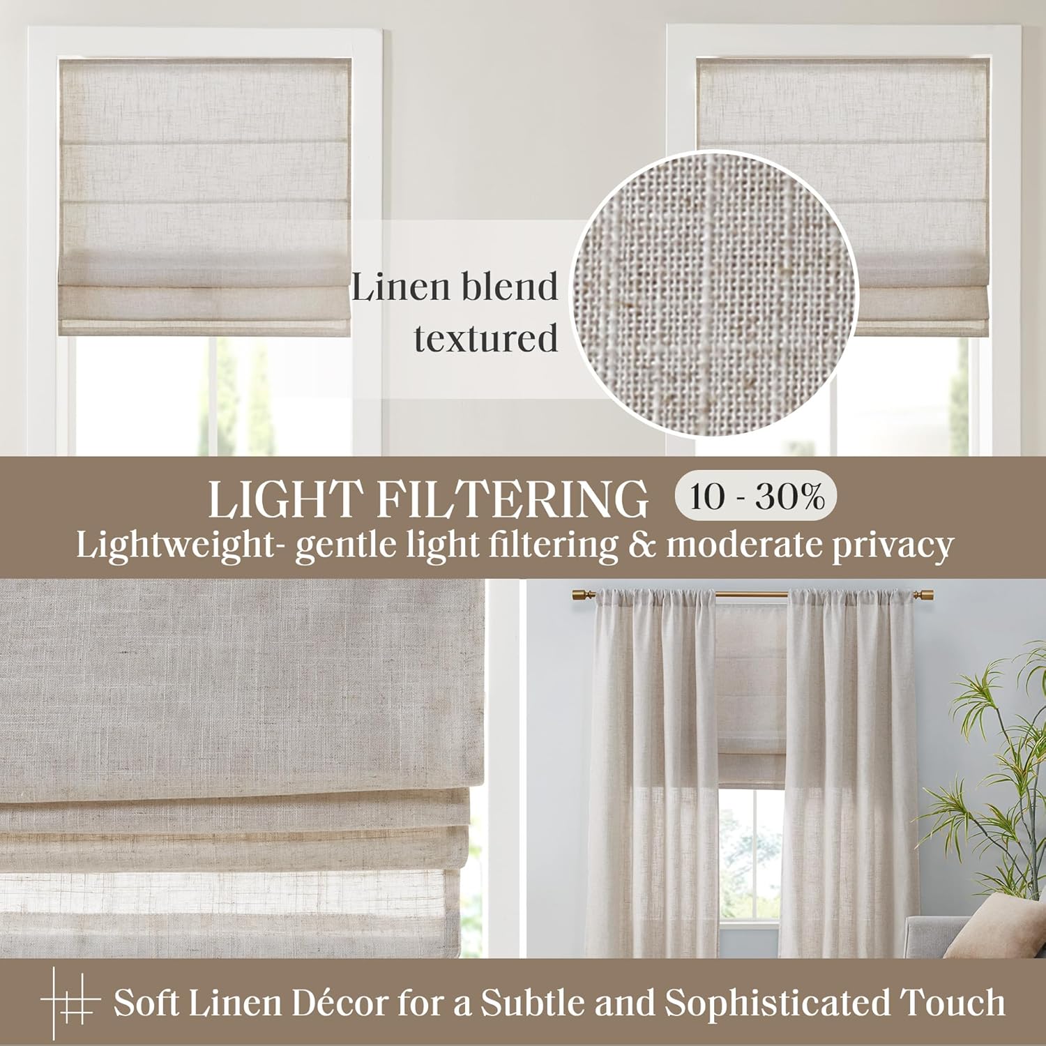Madison Park Kyler Cordless Roman Shades - Single Panel, Lightweight Linen Blend Fabric, Natural Design, Easy Installation, Light Filtering Window Blind, Bedroom, Living Room Decor 27"W x 64"H Natural