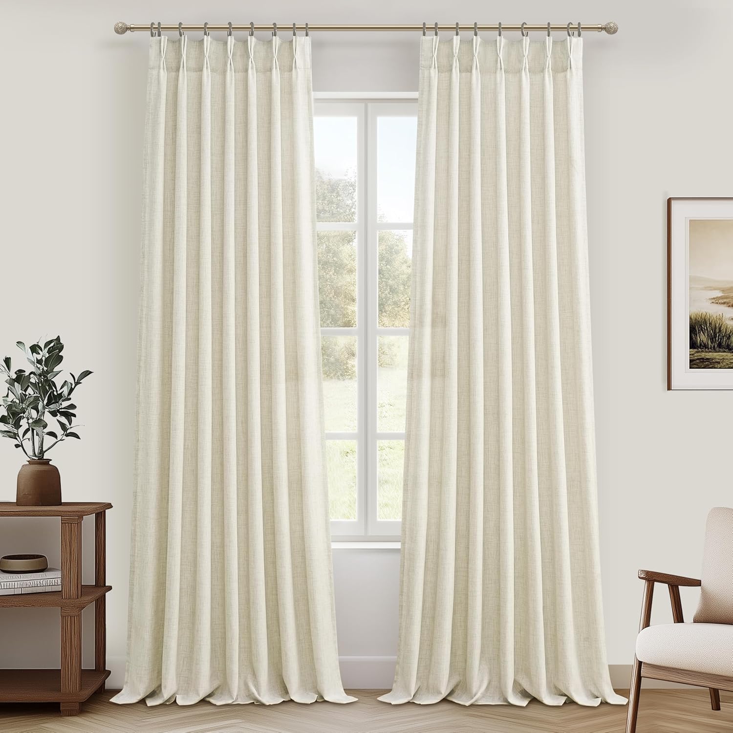 Pinch Pleated Linen Curtains 96 Inches Long for Living Room Bedroom, Light Filtering Boho Window Drape 96 inch 2 Panels Burgs with Hooks&Rings 8ft Cream Birch Sliding Glass Door Sheer Curtain Decor