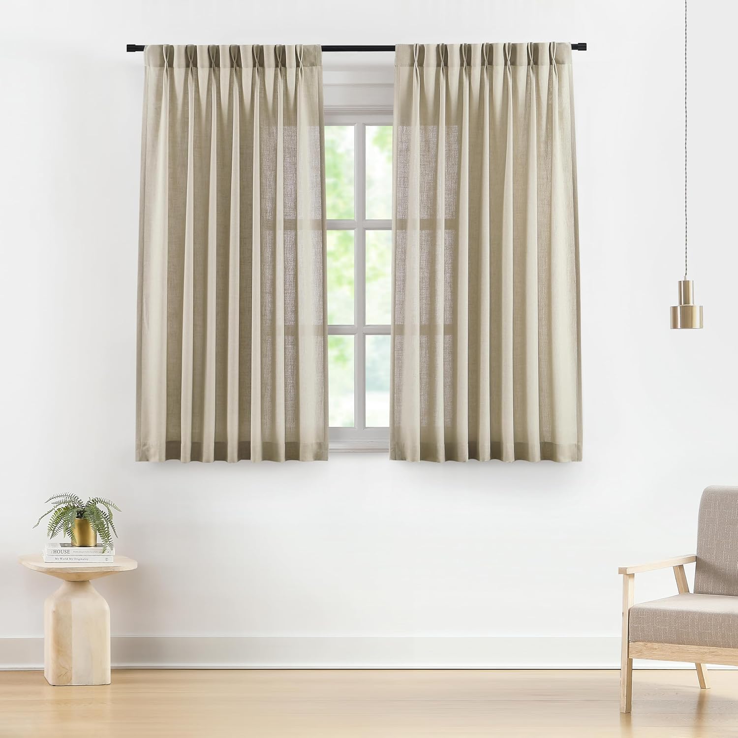 Vision Home Natural Pinch Pleated Semi Sheer Curtains Textured Linen Blended Light Filtering Window Curtains 90 inch for Living Room Bedroom Pinch Pleat Drapes with Hooks 2 Panels 42" Wx90 L