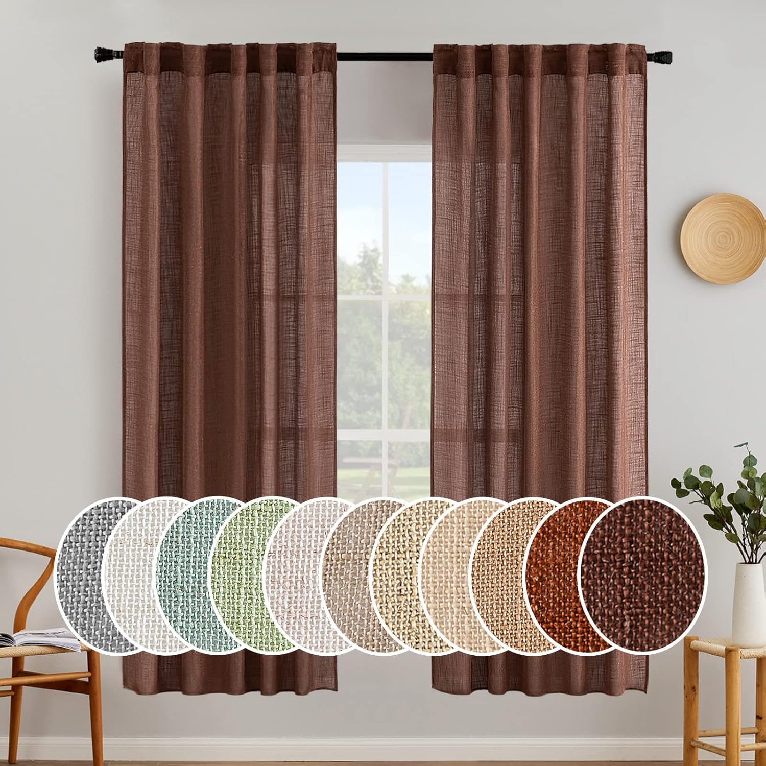 MIULEE Beige Linen Curtains 96 Inches Long 2 Panels for Bedroom Living Room, Soft Linen Textured Window Drapes Semi Sheer Light Filtering Back Tab Rod Pocket Farmhouse Modern Burlap Look Decor