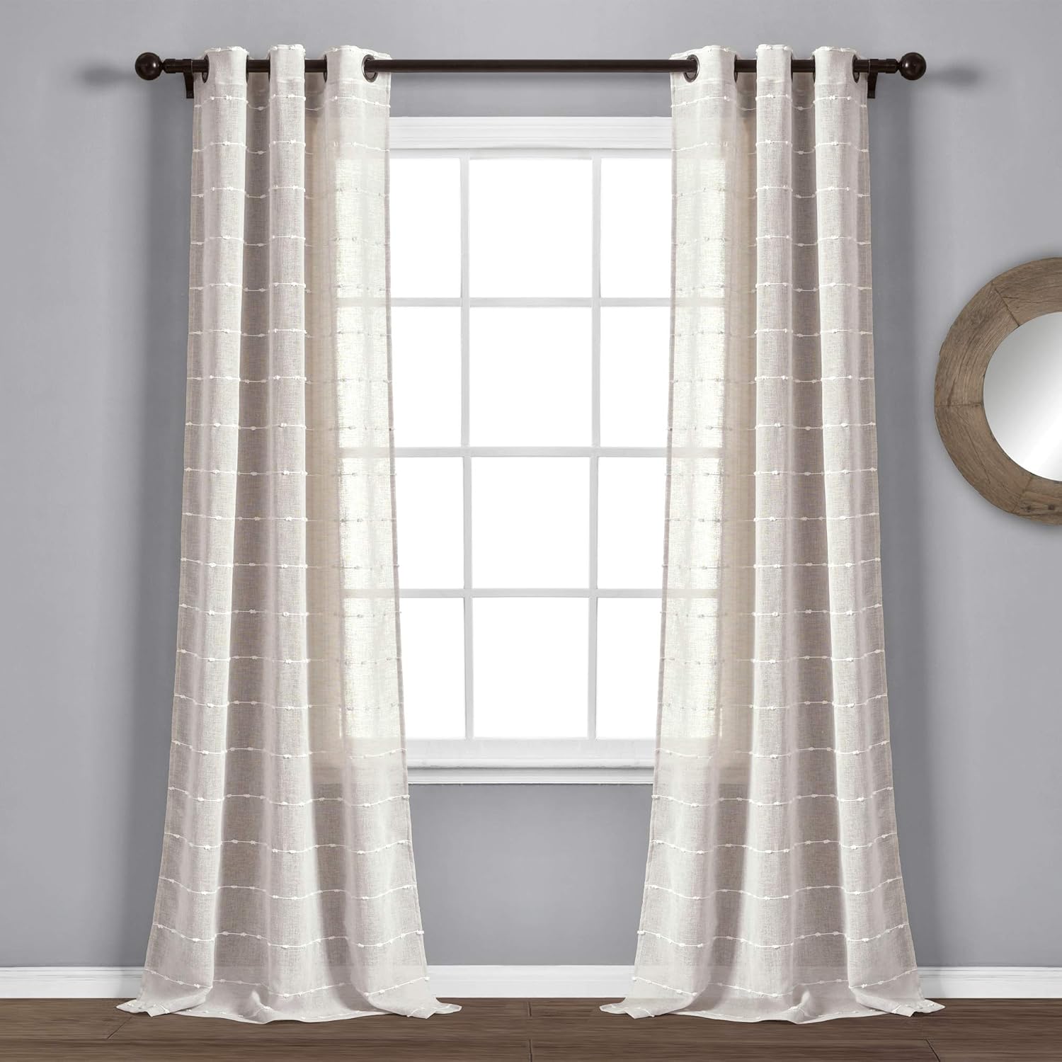 Lush Decor Farmhouse Textured Grommet Sheer Window Curtain Panel Pair, 38"W x 95"L, Beige