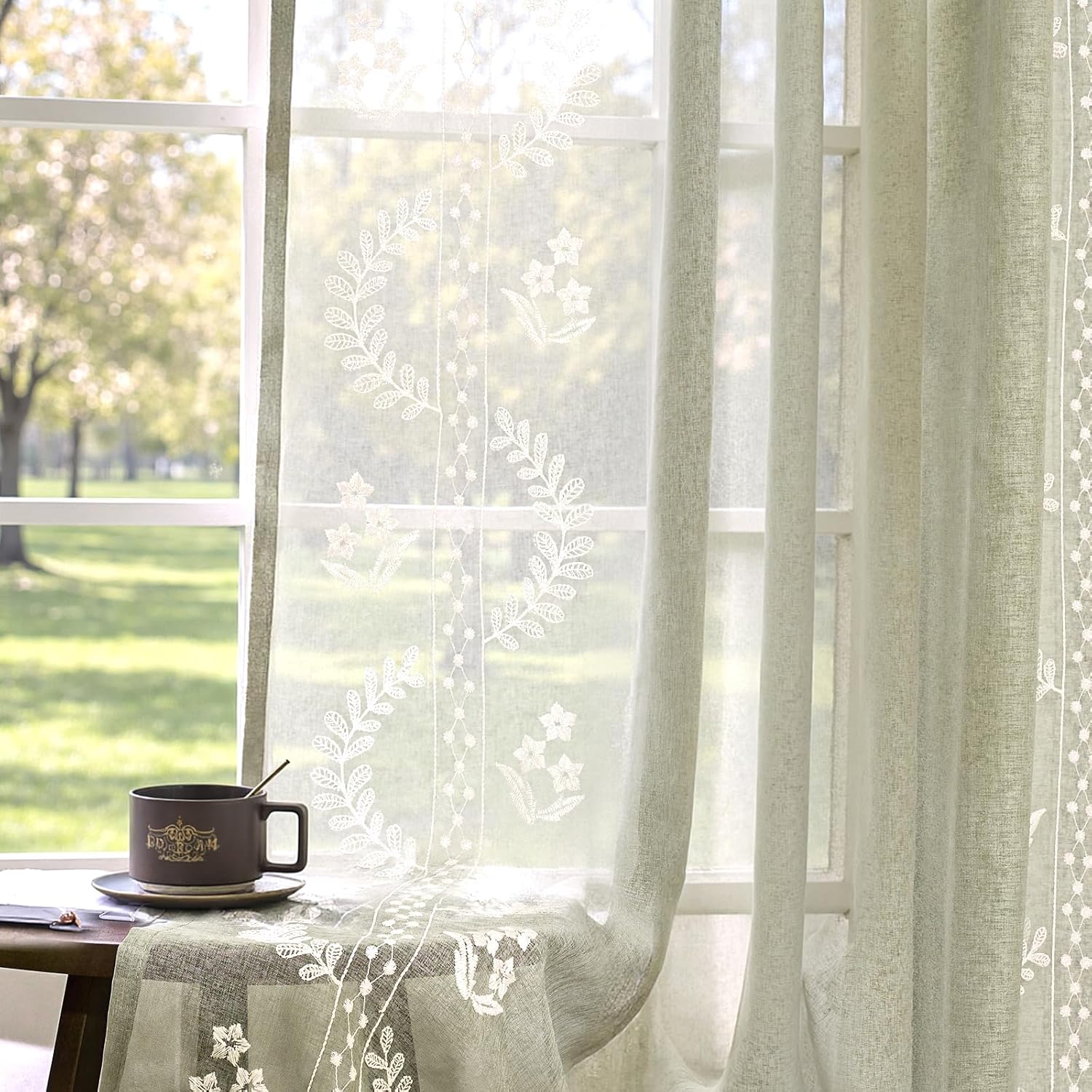 jinchan Belrose Linen Sheer Curtains for Living Room 84 Inch Length Sheer Voile Embroidered Floral Curtains for Bedroom Light Filtering Rod Pocket Window Treatments Farmhouse Decor 2 Panels Beige