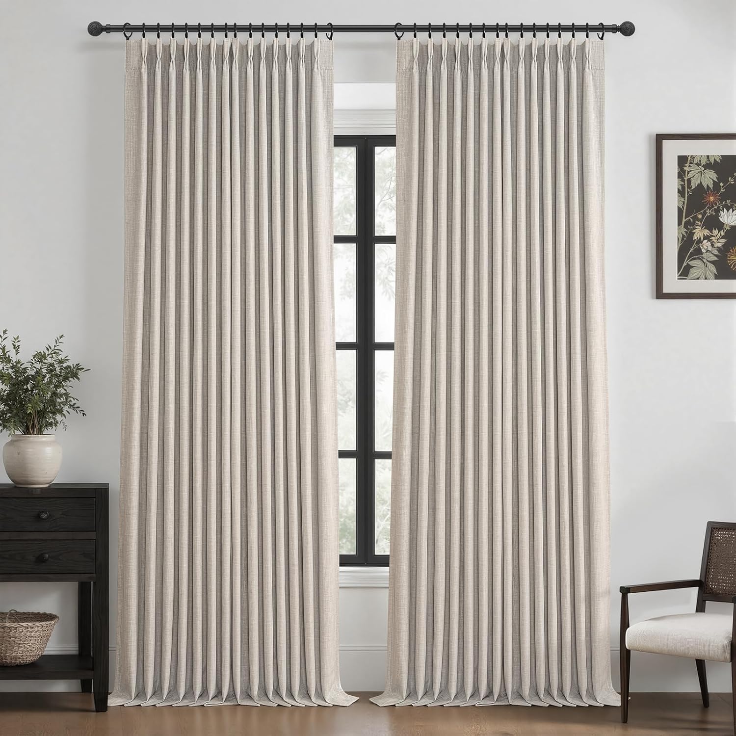 Dark Flax 100% Blackout Curtains 90 Inches Long for Kids Room, Memory Trained Pinch Pleated Thermal Noise Reducing Natural Linen Privacy Light Block Aesthetic Windows Drapes Brown Colored 2 Panels Set