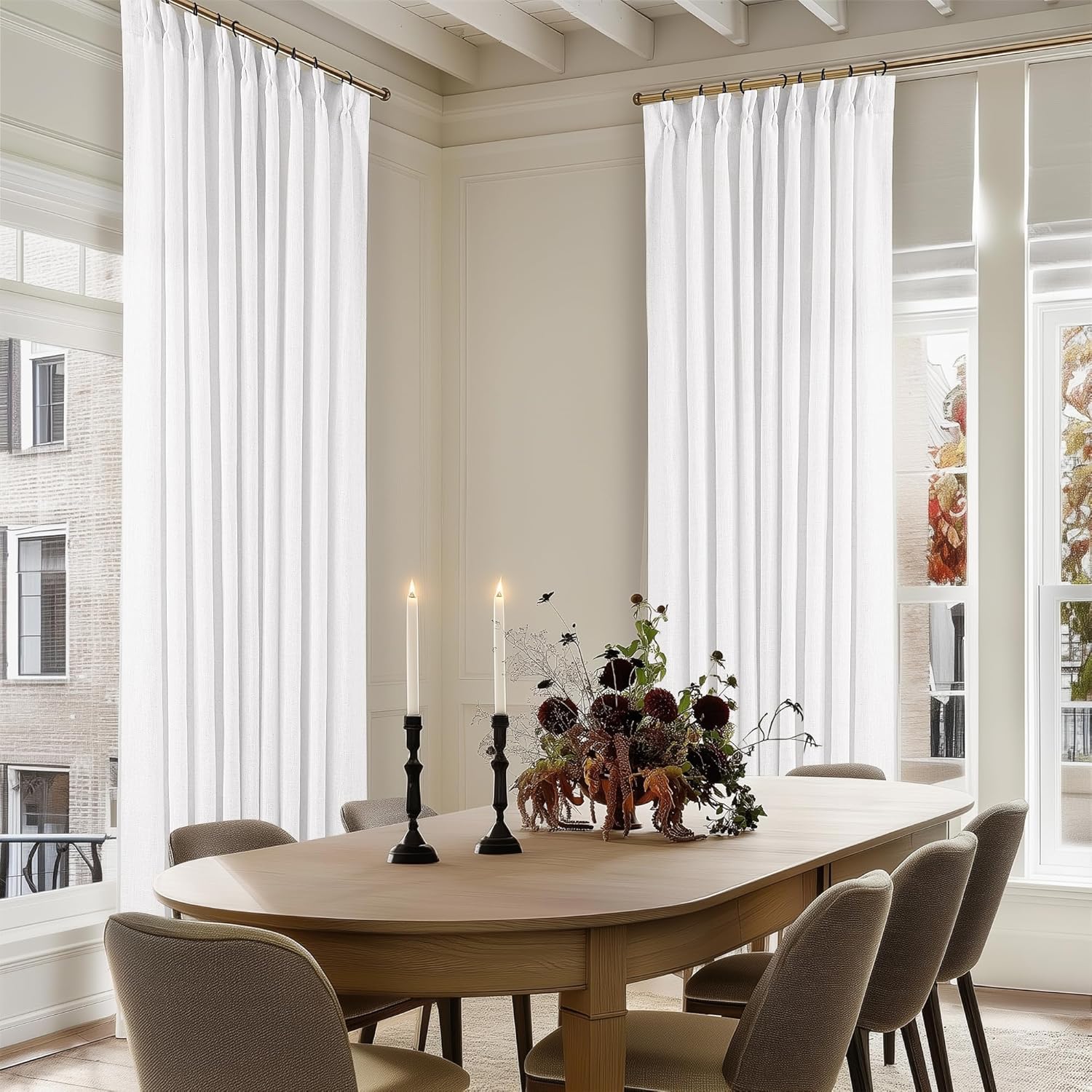 Natural Pinch Pleated Linen Curtains 84 Inch Length 2 Panels for Living Room Bedroom Textured Cream Ivory Birch Semi Sheer Boho Neutral Back Tab Pinch Pleat Hooks Rings Window Curtain 84 Inches Long