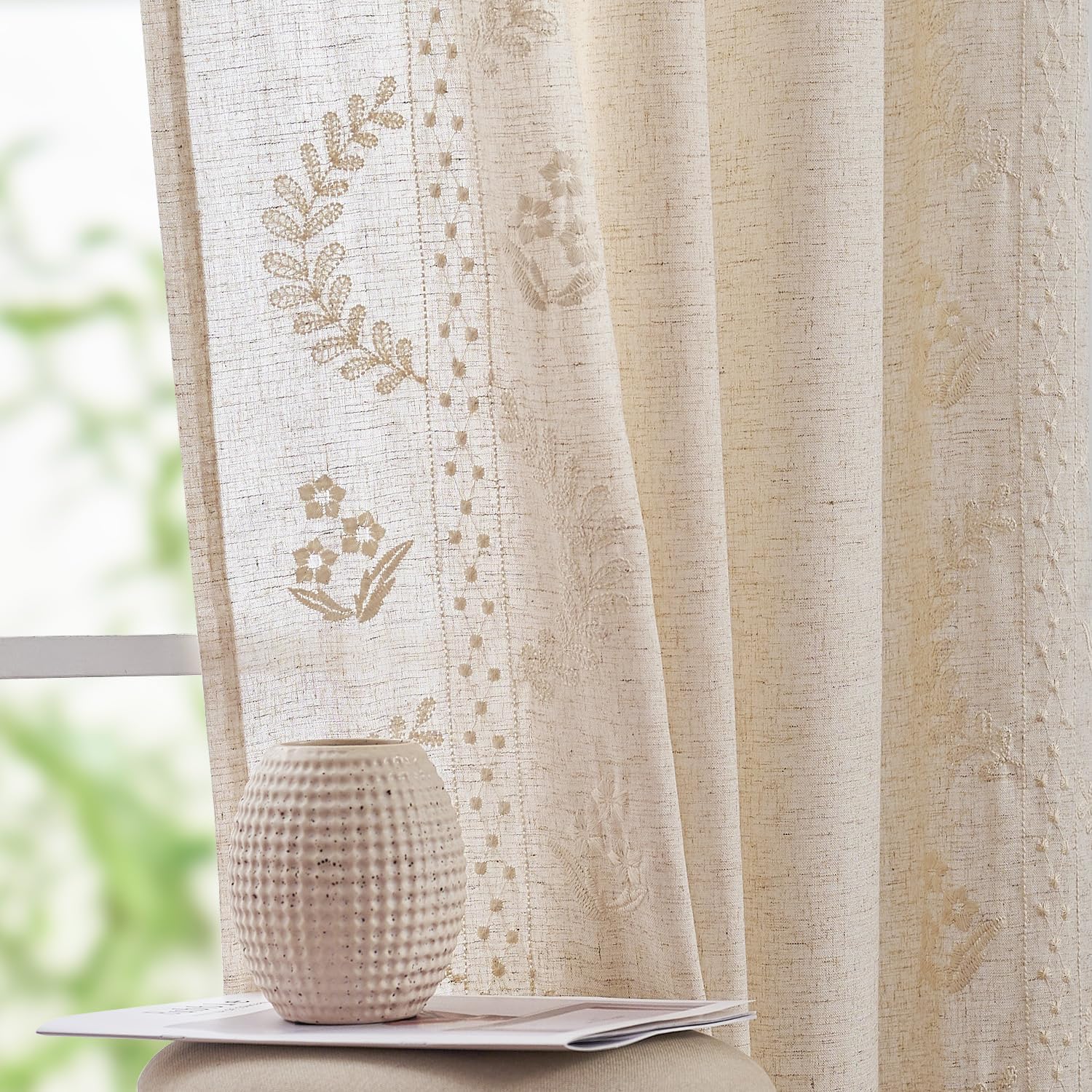 jinchan Belrose Linen Sheer Curtains for Living Room 84 Inch Length Sheer Voile Embroidered Floral Curtains for Bedroom Light Filtering Rod Pocket Window Treatments Farmhouse Decor 2 Panels Beige