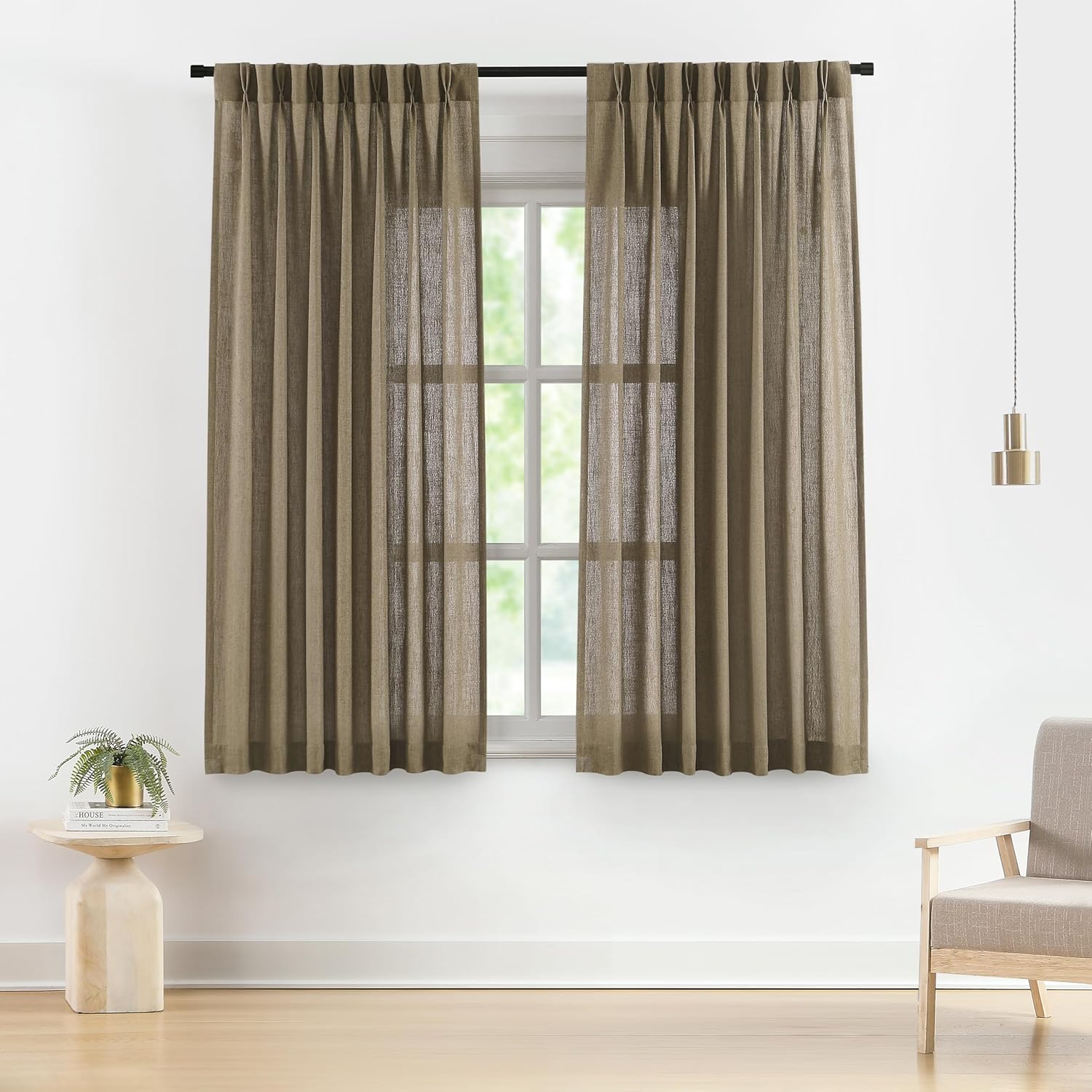 Vision Home Natural Pinch Pleated Semi Sheer Curtains Textured Linen Blended Light Filtering Window Curtains 90 inch for Living Room Bedroom Pinch Pleat Drapes with Hooks 2 Panels 42" Wx90 L