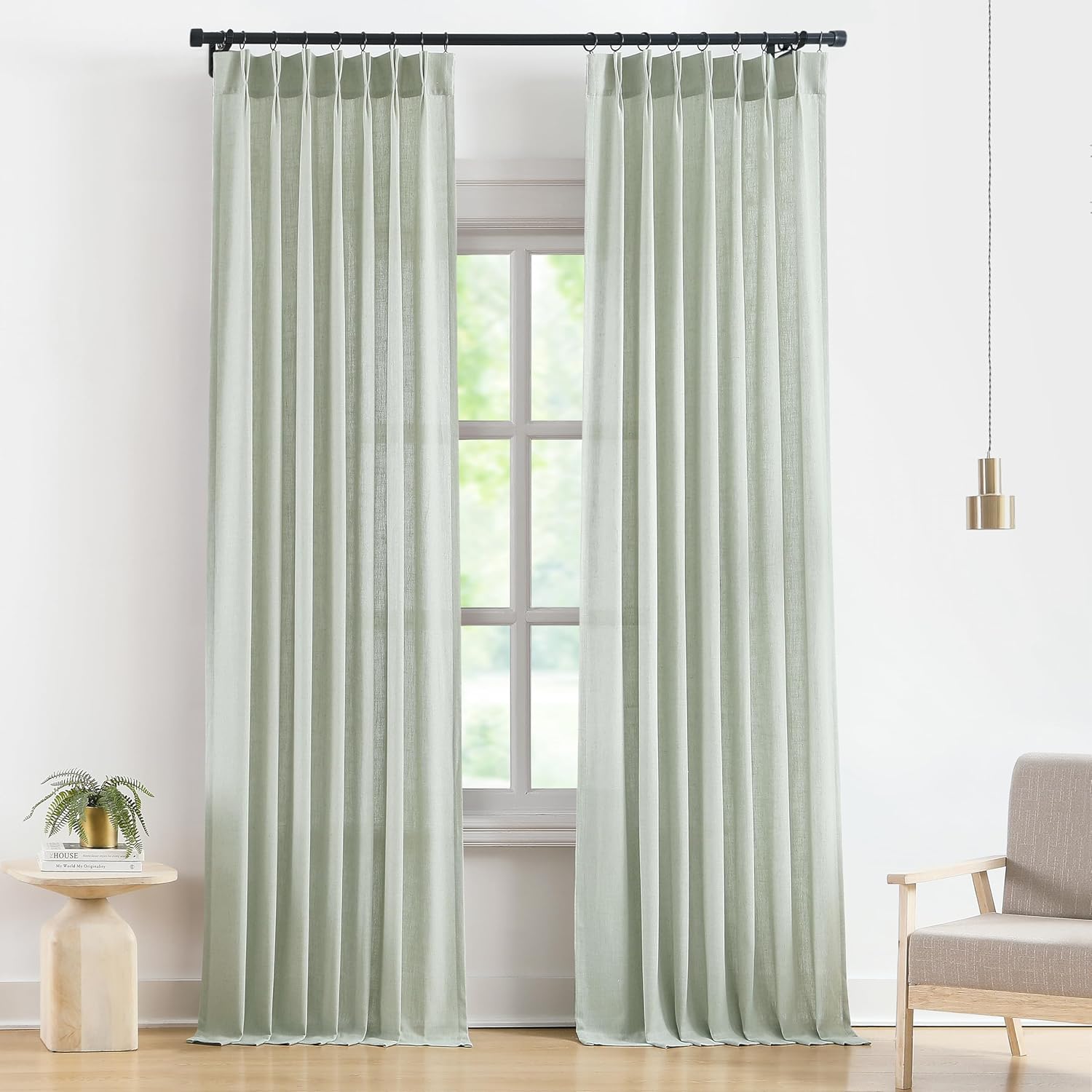 Vision Home Natural Pinch Pleated Semi Sheer Curtains Textured Linen Blended Light Filtering Window Curtains 90 inch for Living Room Bedroom Pinch Pleat Drapes with Hooks 2 Panels 42" Wx90 L