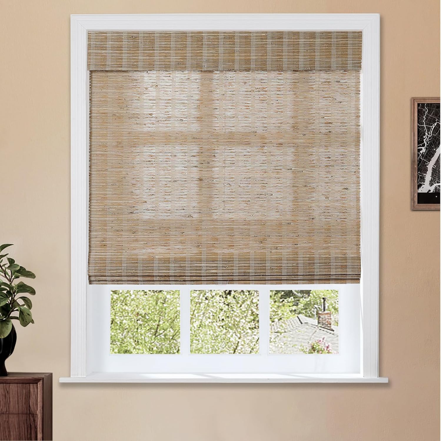 TWOPAGES Natural Cordless Ramie Roman Shade No Drill Customized Roman Blind Light Filtering Blackout Roman Window Shade for Windows, Beige, 1 Piece