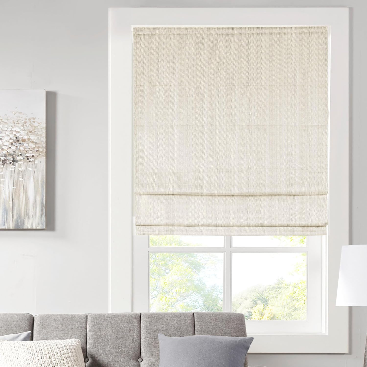Madison Park Kyler Cordless Roman Shades - Single Panel, Lightweight Linen Blend Fabric, Natural Design, Easy Installation, Light Filtering Window Blind, Bedroom, Living Room Decor 27"W x 64"H Natural