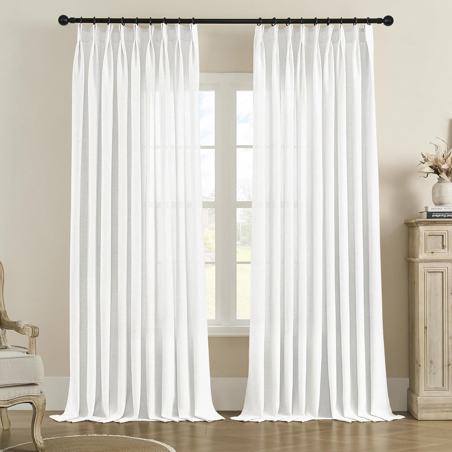 MASWOND Pinch Pleated Sheer Curtains 84 Inches Long for Living Room, Faux Linen Pinch Pleat Drapes for Bedroom Light Filtering Window Curtains with Tieback and Hooks (52" x 84", Natural, 1 Panel)