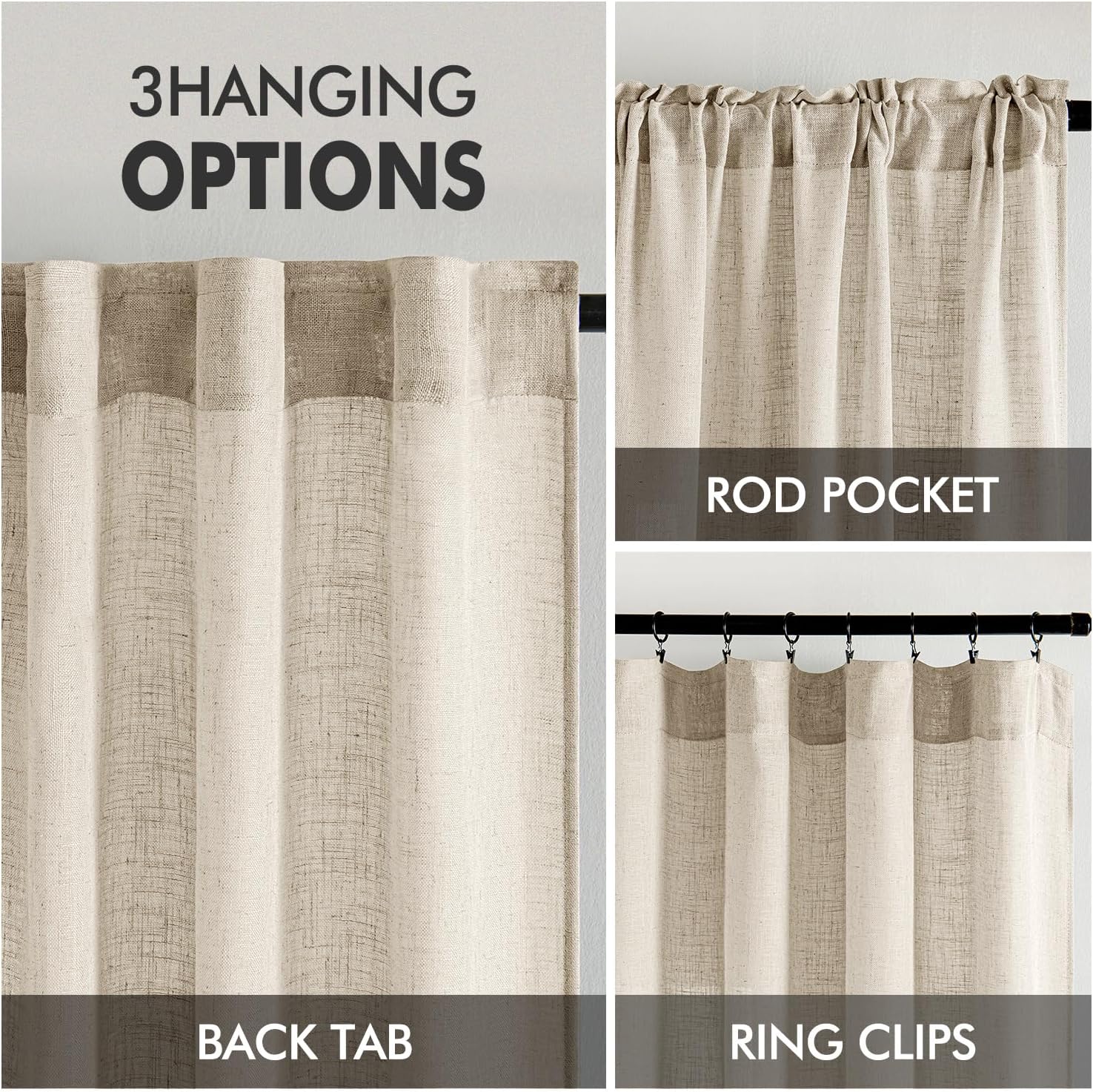 MIULEE Beige Linen Curtains 96 Inches Long 2 Panels for Bedroom Living Room, Soft Linen Textured Window Drapes Semi Sheer Light Filtering Back Tab Rod Pocket Farmhouse Modern Burlap Look Decor