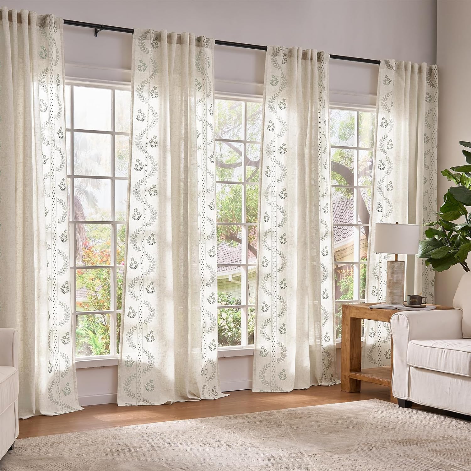 jinchan Belrose Linen Sheer Curtains for Living Room 84 Inch Length Sheer Voile Embroidered Floral Curtains for Bedroom Light Filtering Rod Pocket Window Treatments Farmhouse Decor 2 Panels Beige