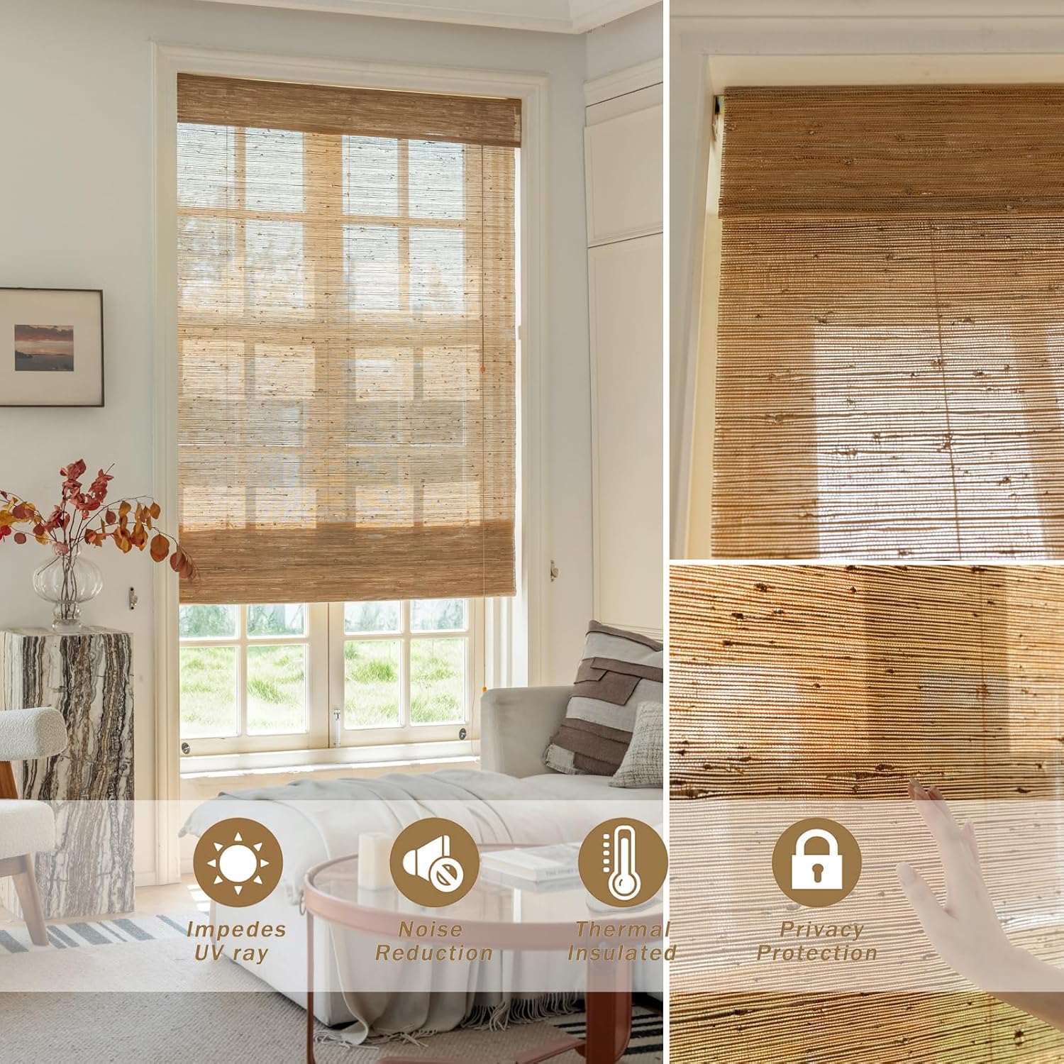 DEJAVU Cordless Bamboo Roman Shades, Blackout Light Filtering Blinds for Indoor Windows, Natural Woven Shades With Valance for Patio, Doors, Easy to Install, Pecan Color