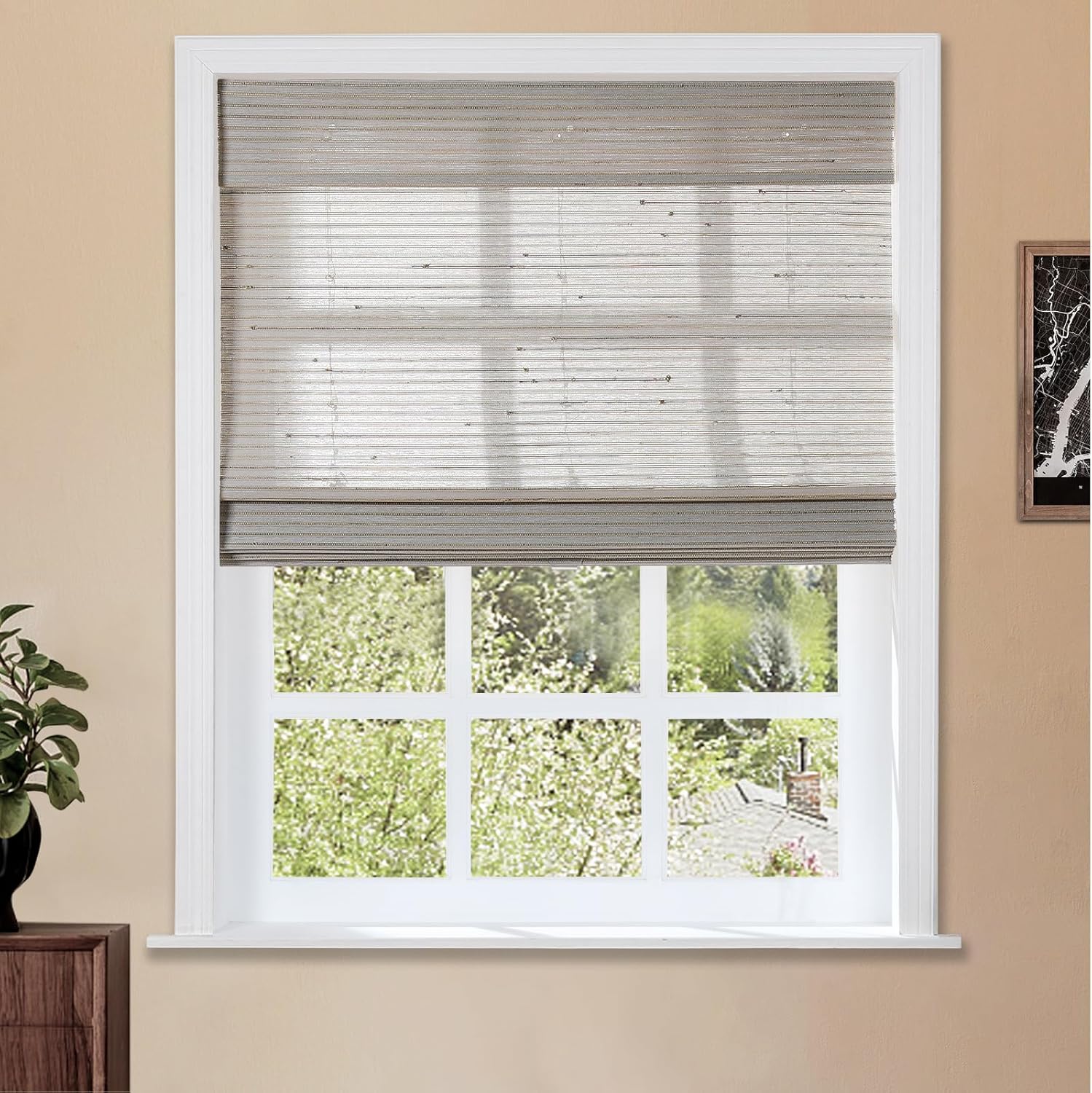 TWOPAGES Natural Cordless Ramie Roman Shade No Drill Customized Roman Blind Light Filtering Blackout Roman Window Shade for Windows, Beige, 1 Piece