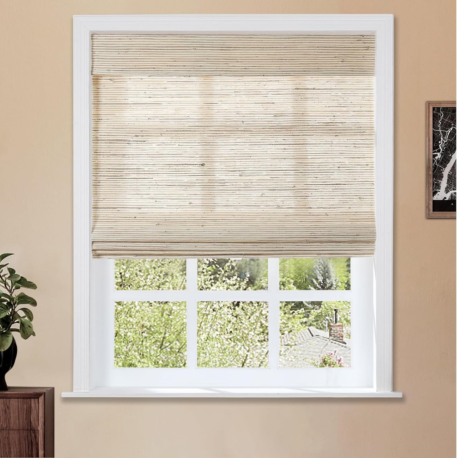 TWOPAGES Natural Cordless Ramie Roman Shade No Drill Customized Roman Blind Light Filtering Blackout Roman Window Shade for Windows, Beige, 1 Piece