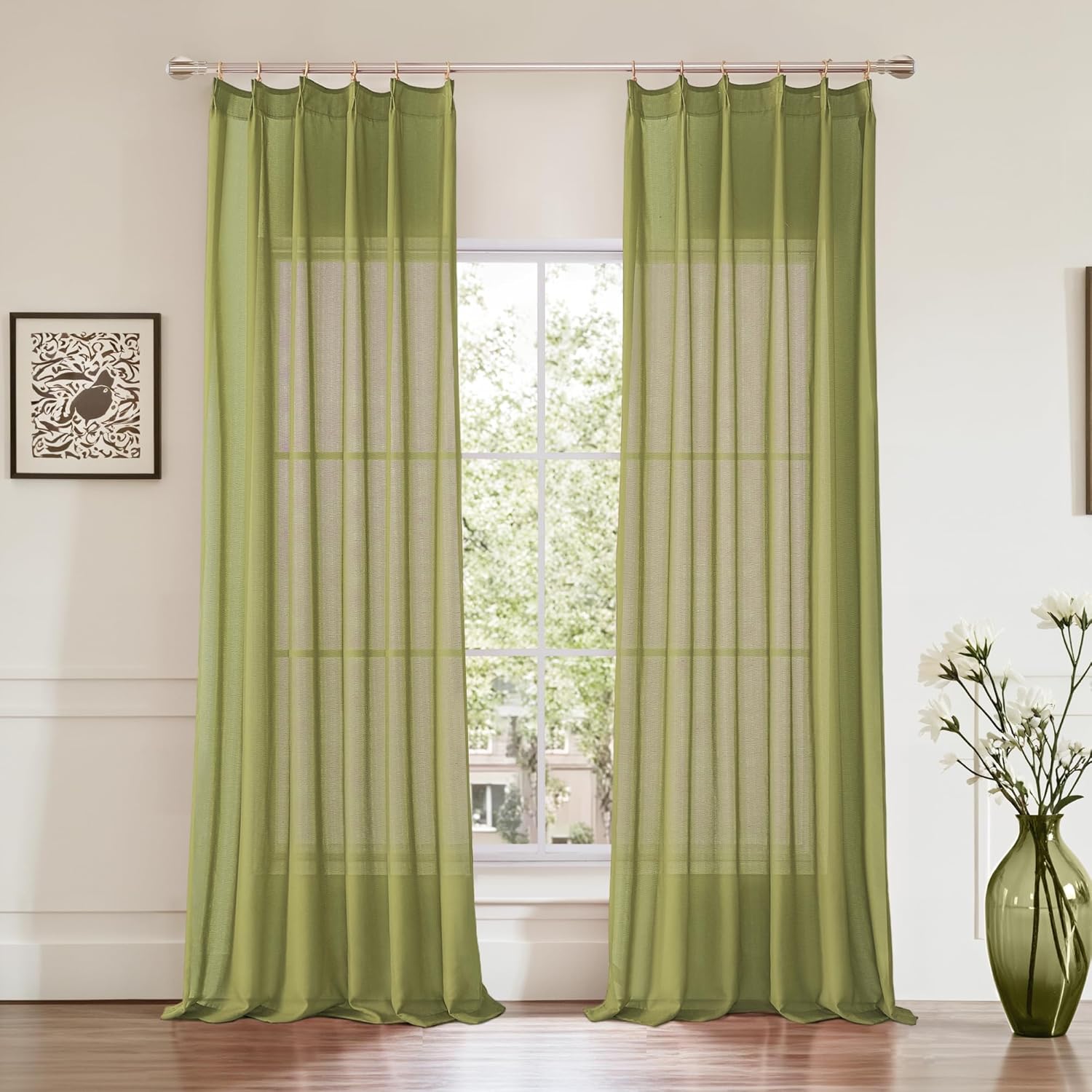 KangBang Pinch Pleat Sheer Curtains 112 Inches Long 2 Panels, Light Filtering Tree Branch Texture Soft Voile Drapes for Living Room Hotel Dorm, Gauzy and Breezy Window Panels, White,42x112 Inch