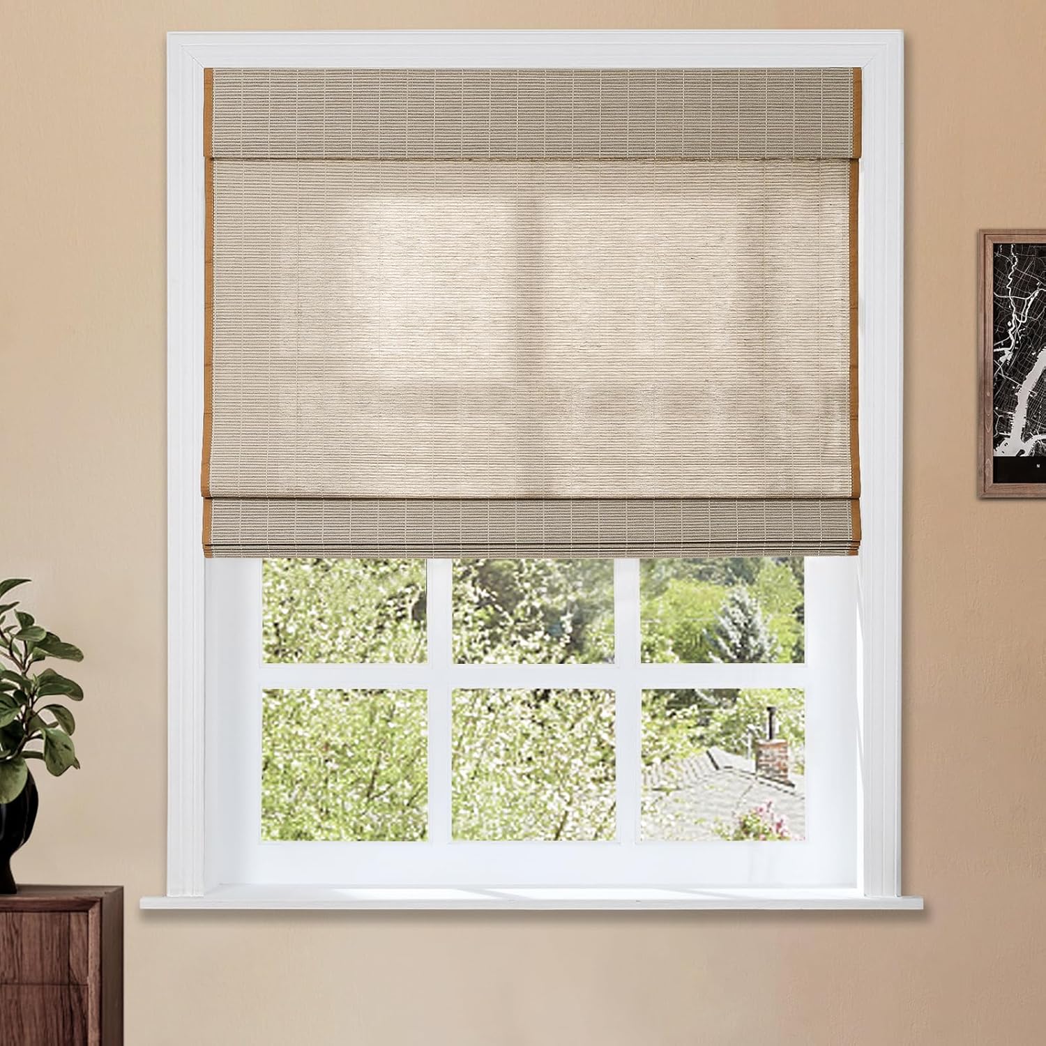 TWOPAGES Natural Cordless Ramie Roman Shade No Drill Customized Roman Blind Light Filtering Blackout Roman Window Shade for Windows, Beige, 1 Piece