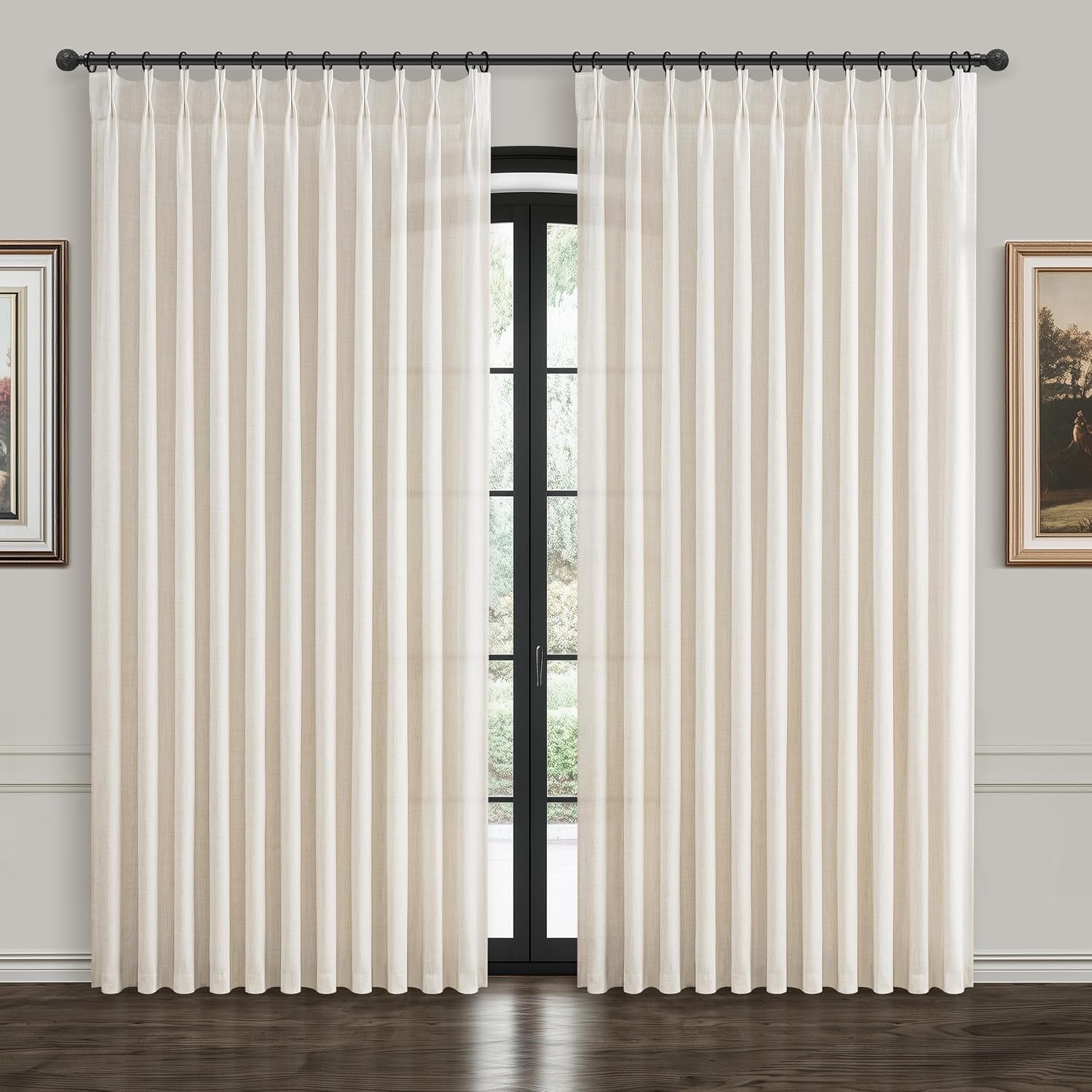 Pinch Pleated Linen Curtains 96 Inches Long for Living Room Bedroom, Light Filtering Boho Window Drape 96 inch 2 Panels Burgs with Hooks&Rings 8ft Cream Birch Sliding Glass Door Sheer Curtain Decor