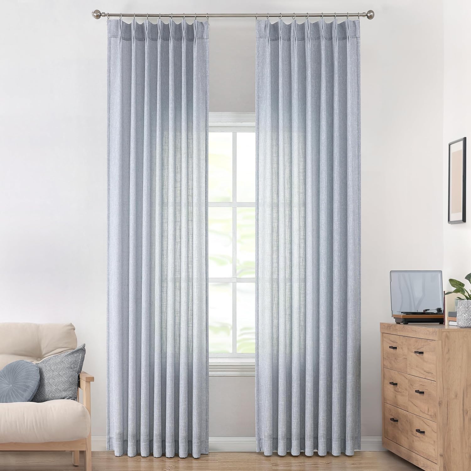 Vision Home Natural Pinch Pleated Semi Sheer Curtains Textured Linen Blended Light Filtering Window Curtains 90 inch for Living Room Bedroom Pinch Pleat Drapes with Hooks 2 Panels 42" Wx90 L