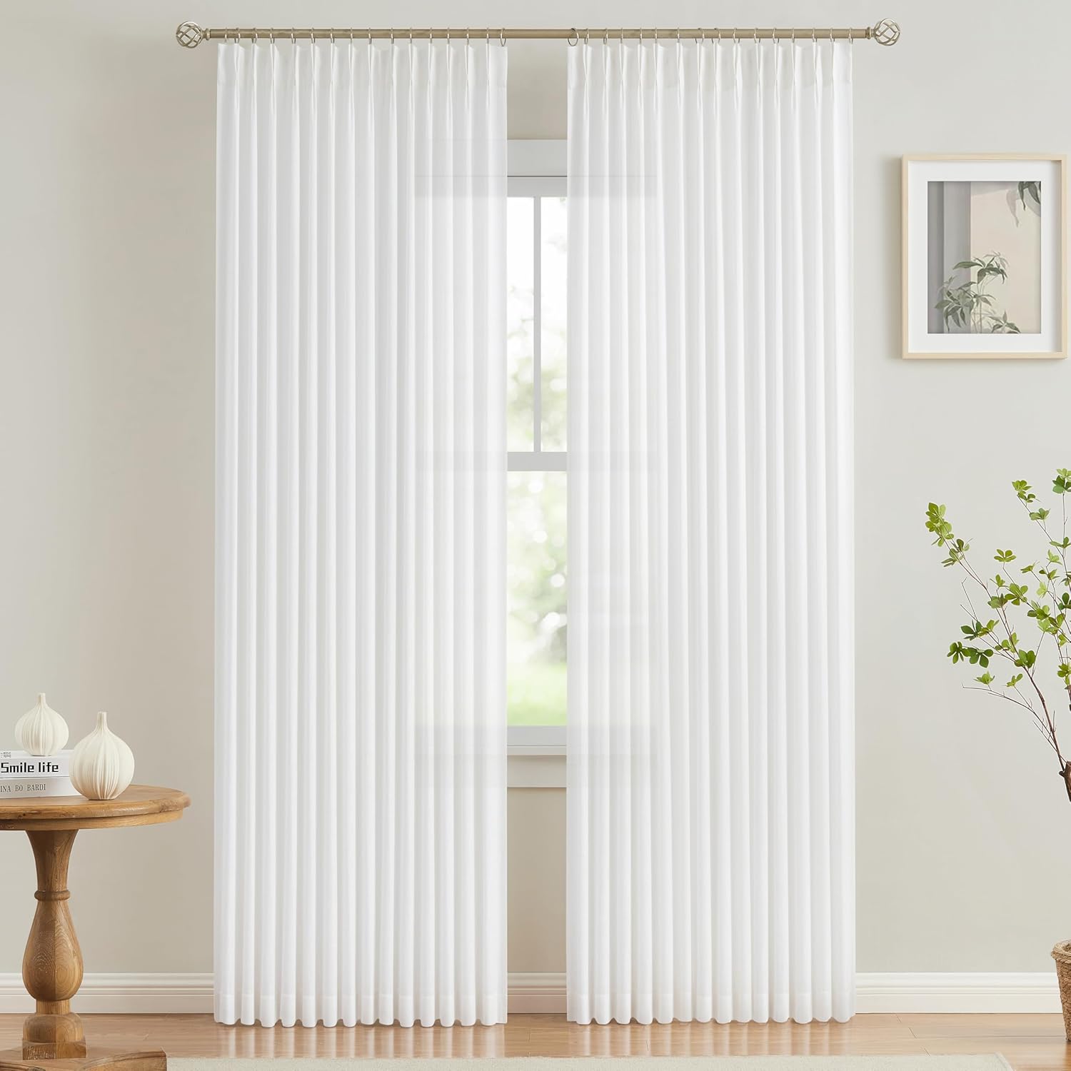 Vision Home Natural Pinch Pleated Semi Sheer Curtains Textured Linen Blended Light Filtering Window Curtains 90 inch for Living Room Bedroom Pinch Pleat Drapes with Hooks 2 Panels 42" Wx90 L