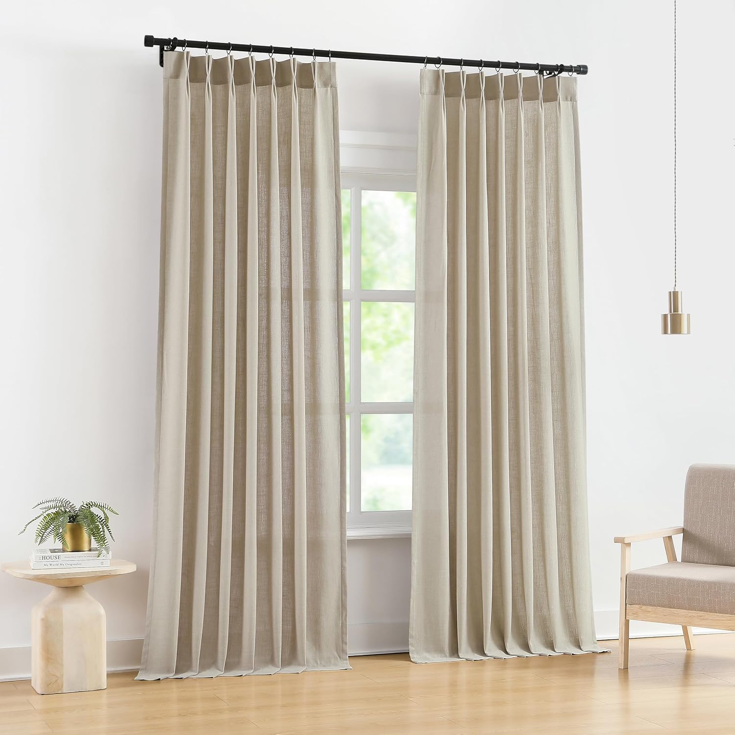 Vision Home Natural Pinch Pleated Semi Sheer Curtains Textured Linen Blended Light Filtering Window Curtains 90 inch for Living Room Bedroom Pinch Pleat Drapes with Hooks 2 Panels 42" Wx90 L