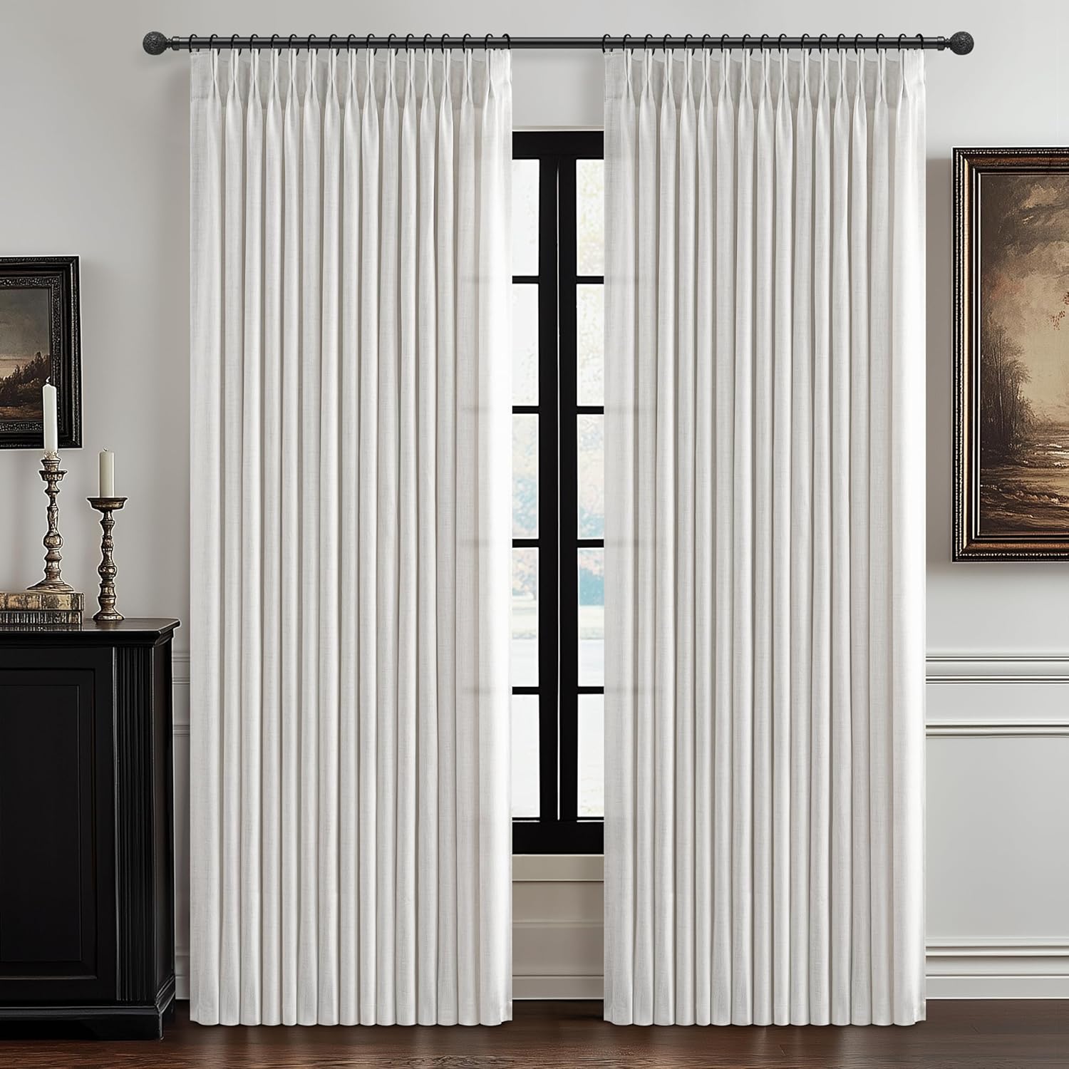 Pinch Pleated Linen Curtains 96 Inches Long for Living Room Bedroom, Light Filtering Boho Window Drape 96 inch 2 Panels Burgs with Hooks&Rings 8ft Cream Birch Sliding Glass Door Sheer Curtain Decor