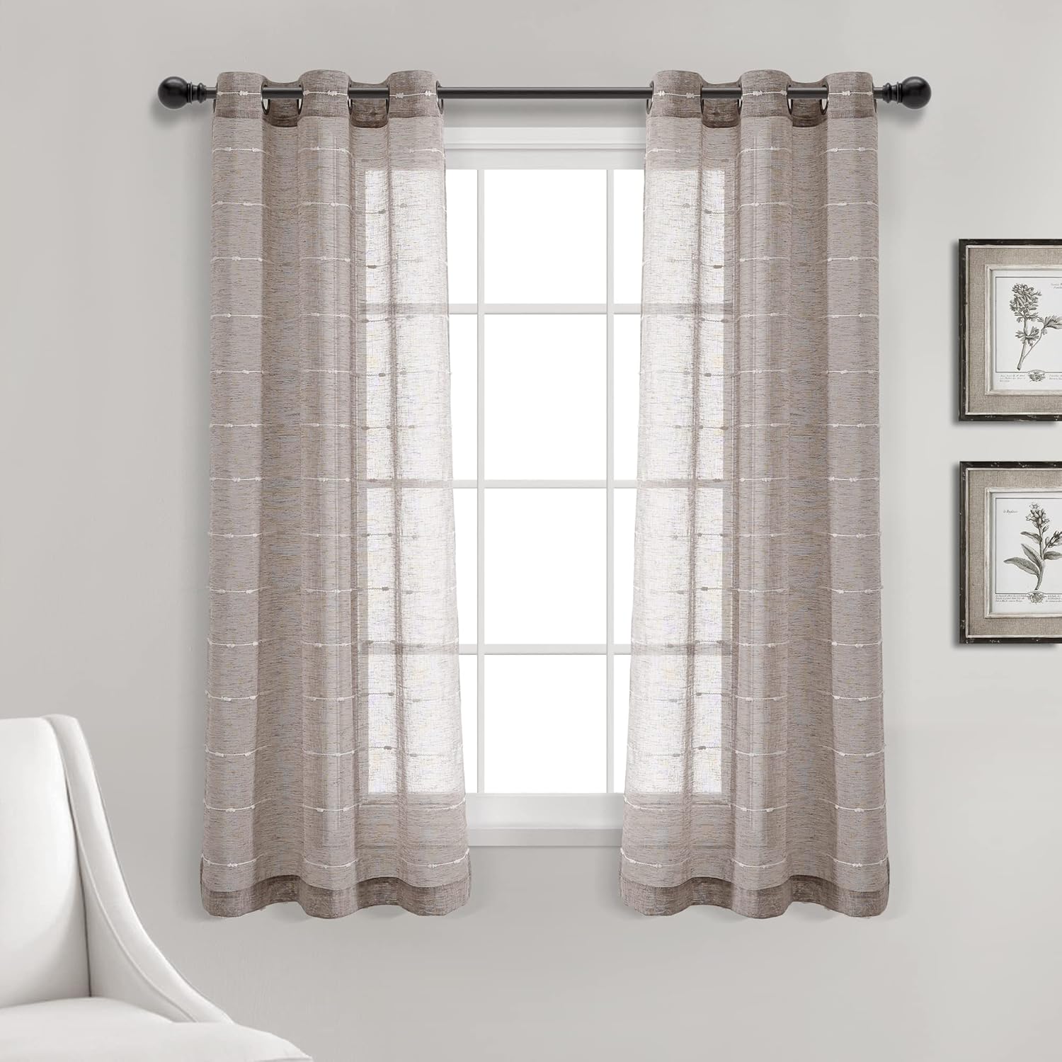 Lush Decor Farmhouse Textured Grommet Sheer Window Curtain Panel Pair, 38"W x 95"L, Beige
