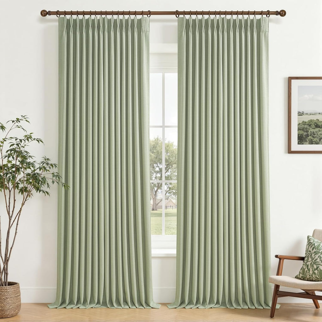 Beige White Blackout Floor to Ceiling Curtains 100 Inch Long for Sliding Door, Memory Trained Pinch Pleated Custom Double Layer Thick Linen Curtain Noise Reducing Light Blocking Bedroom Window Drapes