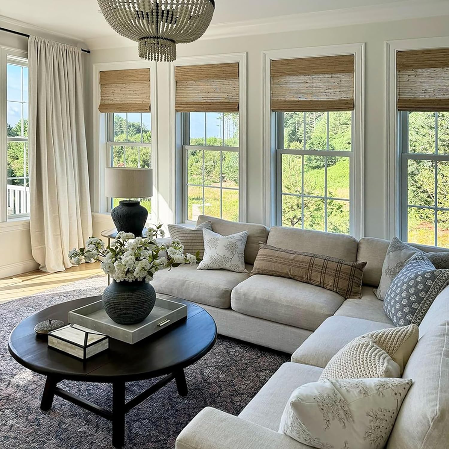 TWOPAGES Natural Cordless Ramie Roman Shade No Drill Customized Roman Blind Light Filtering Blackout Roman Window Shade for Windows, Beige, 1 Piece