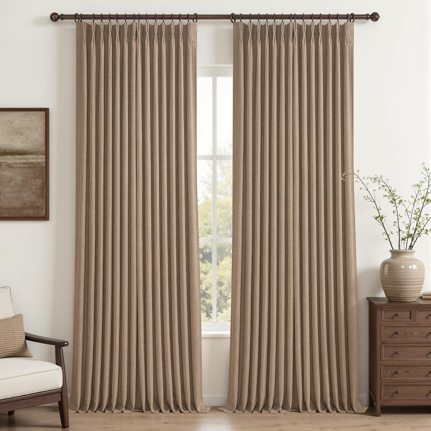Beige White Blackout Floor to Ceiling Curtains 100 Inch Long for Sliding Door, Memory Trained Pinch Pleated Custom Double Layer Thick Linen Curtain Noise Reducing Light Blocking Bedroom Window Drapes