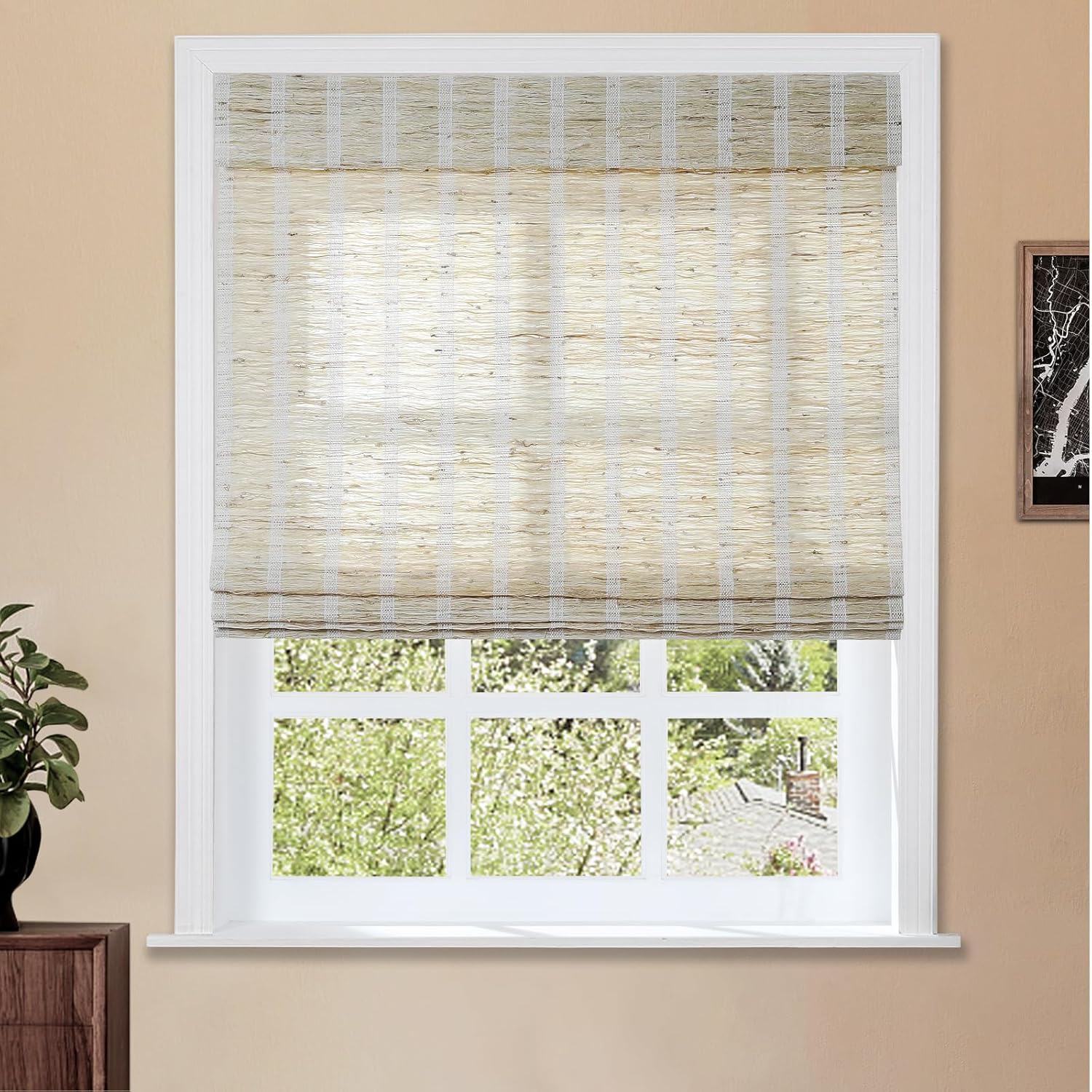 TWOPAGES Natural Cordless Ramie Roman Shade No Drill Customized Roman Blind Light Filtering Blackout Roman Window Shade for Windows, Beige, 1 Piece