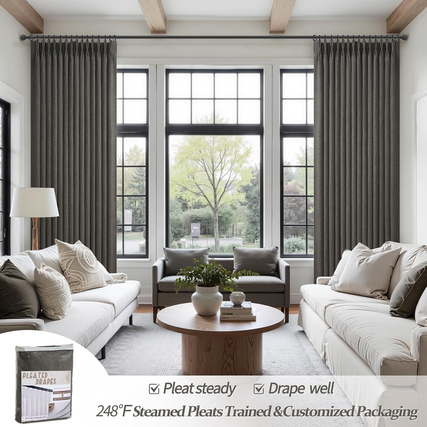 Memory Trained Pinch Pleated 96 Inch Viral Curtains for Living Room 2 Panels Set, Dark Grey Blackout Double Layer Linen Thermal Privacy Noise Reducing Elegant Windows Curtain for Kids Room 8 FT Length