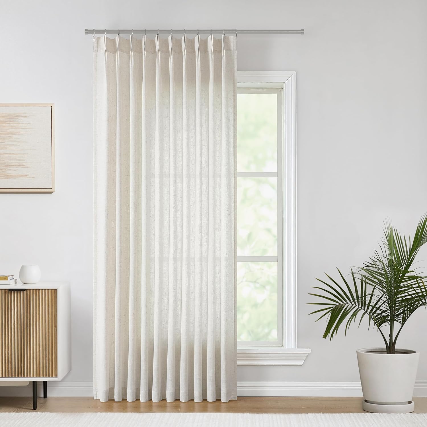 Vision Home Natural Pinch Pleated Semi Sheer Curtains Textured Linen Blended Light Filtering Window Curtains 90 inch for Living Room Bedroom Pinch Pleat Drapes with Hooks 2 Panels 42" Wx90 L