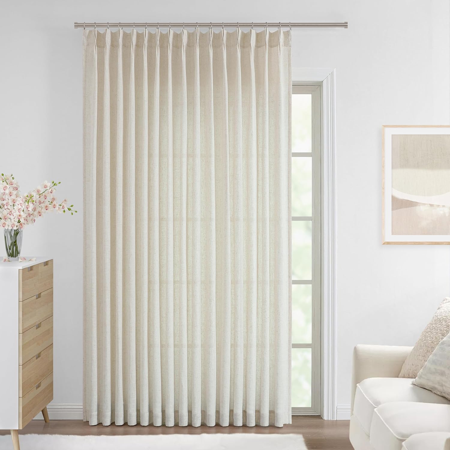 Vision Home Natural Pinch Pleated Semi Sheer Curtains Textured Linen Blended Light Filtering Window Curtains 90 inch for Living Room Bedroom Pinch Pleat Drapes with Hooks 2 Panels 42" Wx90 L