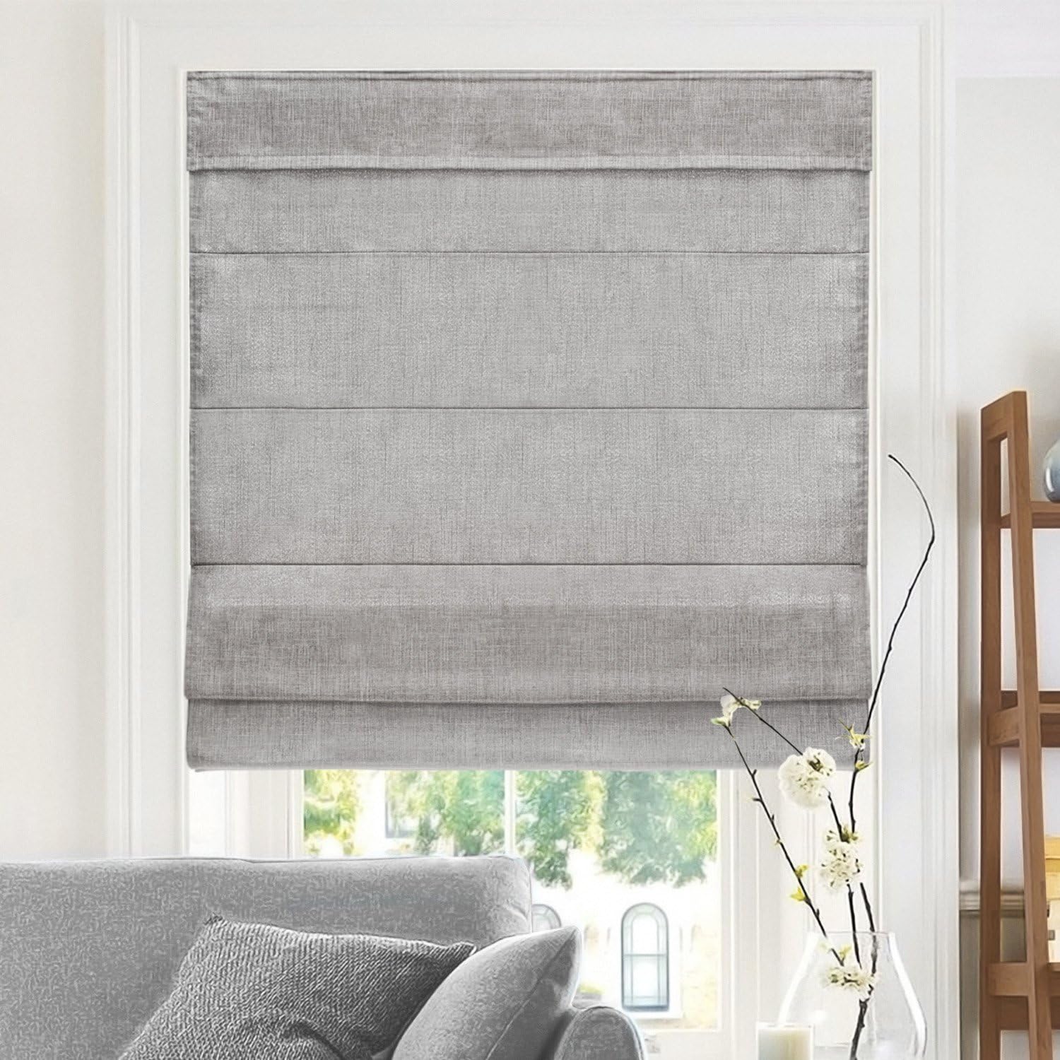 CHICOLOGY - RMBF3564 Cordless Roman Shades Cross-Hatched Modern Fabric Cascade Window Blind Treatment, 35"W X 64"H, Belgian Flax (Privacy & Light Filtering)