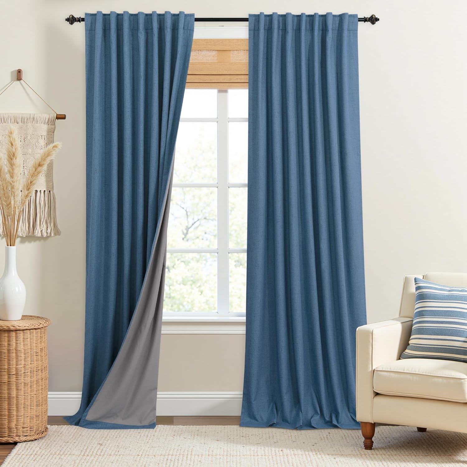 Extra Wide Soundproof Blackout Curtains with Pleated Back Tab Rod Pocket,96 Inch Long 2 Panel Set Thermal Curtain for Winter Insulated to Keep Cold Out Noise Reducing Curtains for Living Room Bedroom