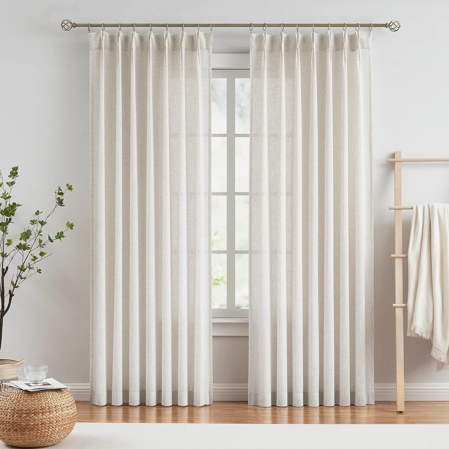 Vision Home Natural Pinch Pleated Semi Sheer Curtains Textured Linen Blended Light Filtering Window Curtains 90 inch for Living Room Bedroom Pinch Pleat Drapes with Hooks 2 Panels 42" Wx90 L