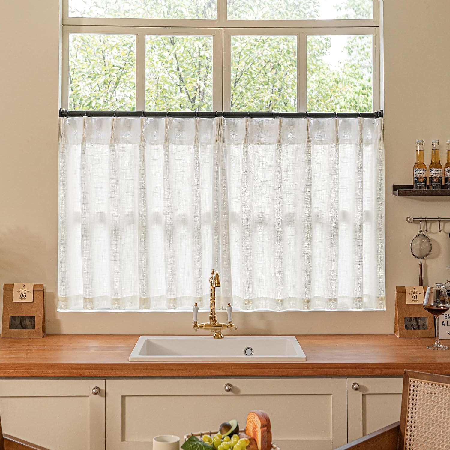 Natural Pinch Pleated Linen Curtains 84 Inch Length 2 Panels for Living Room Bedroom Textured Cream Ivory Birch Semi Sheer Boho Neutral Back Tab Pinch Pleat Hooks Rings Window Curtain 84 Inches Long