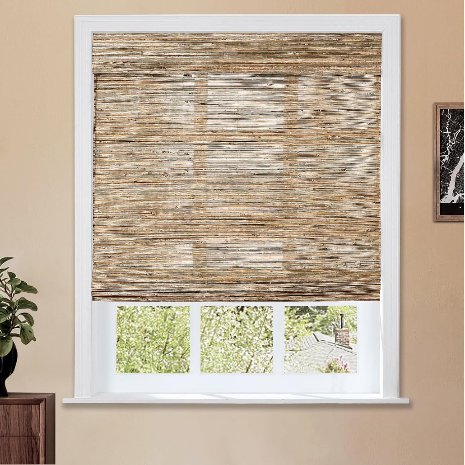 TWOPAGES Natural Cordless Ramie Roman Shade No Drill Customized Roman Blind Light Filtering Blackout Roman Window Shade for Windows, Beige, 1 Piece