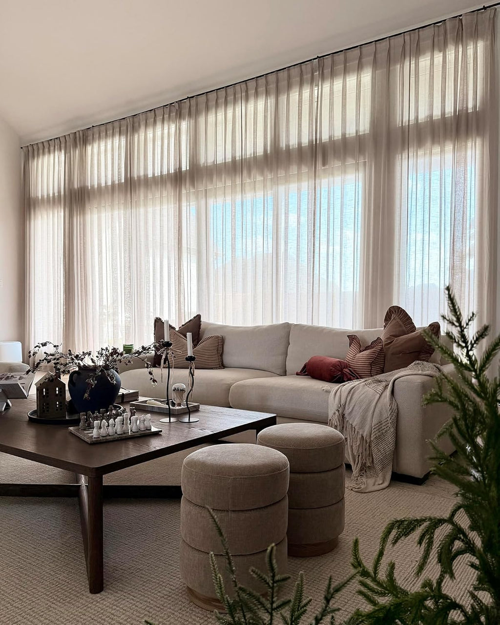 TWOPAGES Light Brown Pinch Pleated Sheer Curtains 90 Inches Long Linen Textured Drapes for Living Room Bedroom Faux Linen Curtains with Hooks, Set of 2, 52" W x 90" L