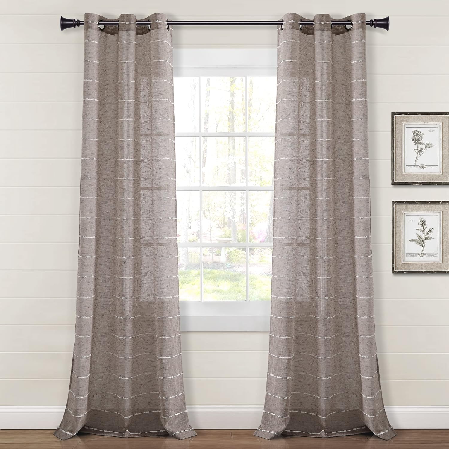 Lush Decor Farmhouse Textured Grommet Sheer Window Curtain Panel Pair, 38"W x 95"L, Beige