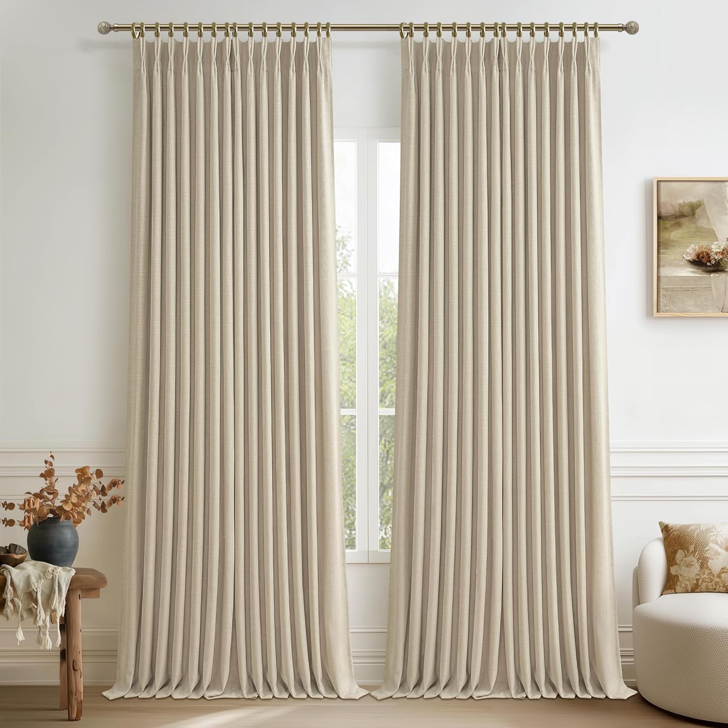 Beige White Blackout Floor to Ceiling Curtains 100 Inch Long for Sliding Door, Memory Trained Pinch Pleated Custom Double Layer Thick Linen Curtain Noise Reducing Light Blocking Bedroom Window Drapes