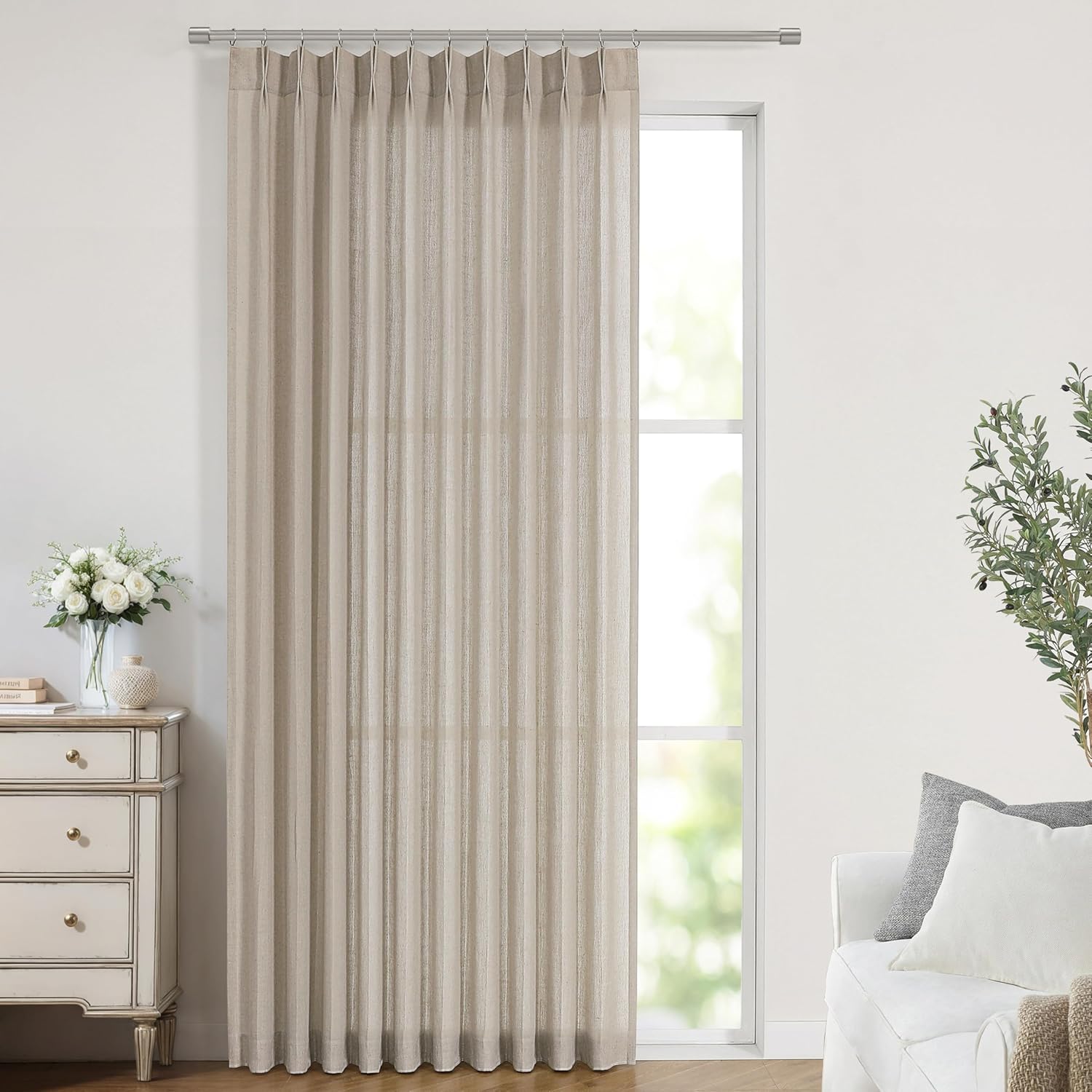 Vision Home Natural Pinch Pleated Semi Sheer Curtains Textured Linen Blended Light Filtering Window Curtains 90 inch for Living Room Bedroom Pinch Pleat Drapes with Hooks 2 Panels 42" Wx90 L