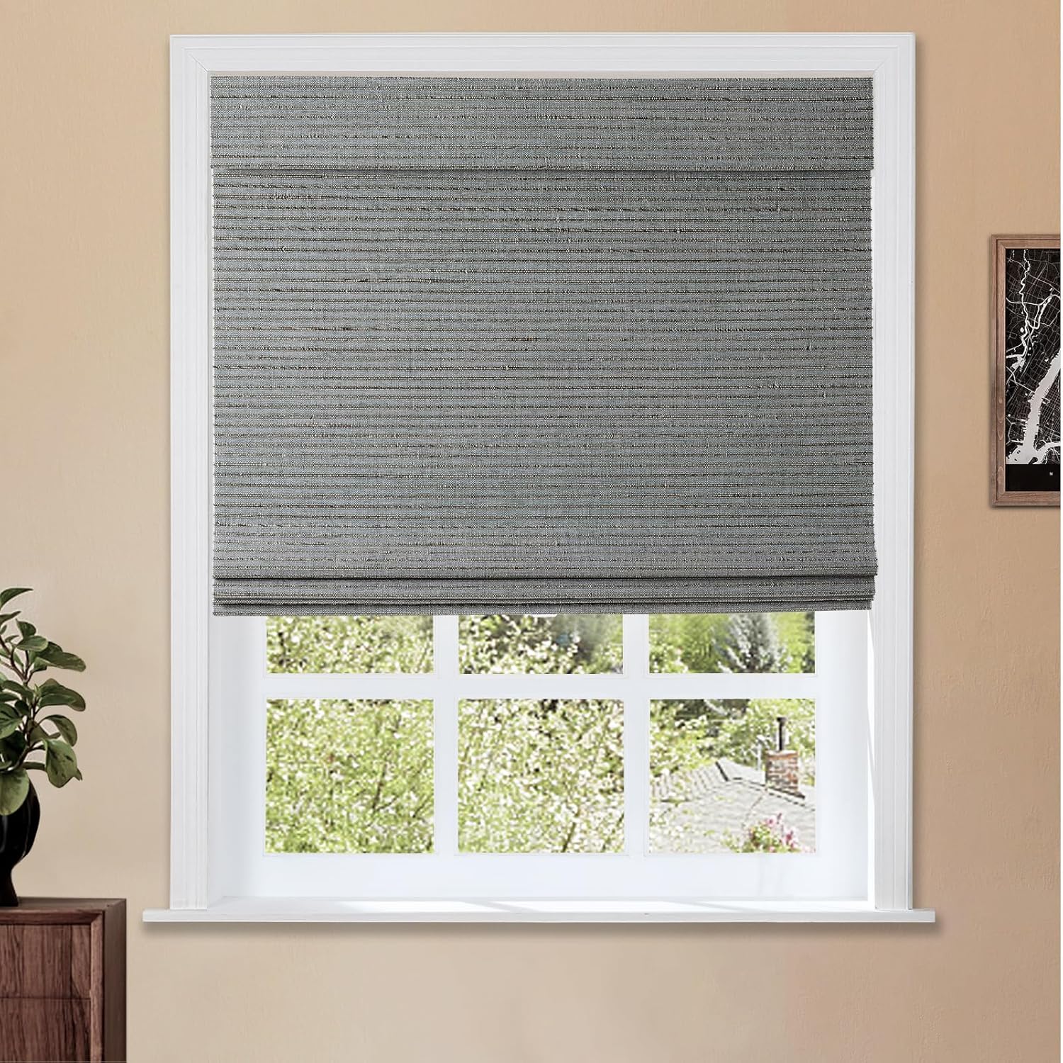 TWOPAGES Natural Cordless Ramie Roman Shade No Drill Customized Roman Blind Light Filtering Blackout Roman Window Shade for Windows, Beige, 1 Piece