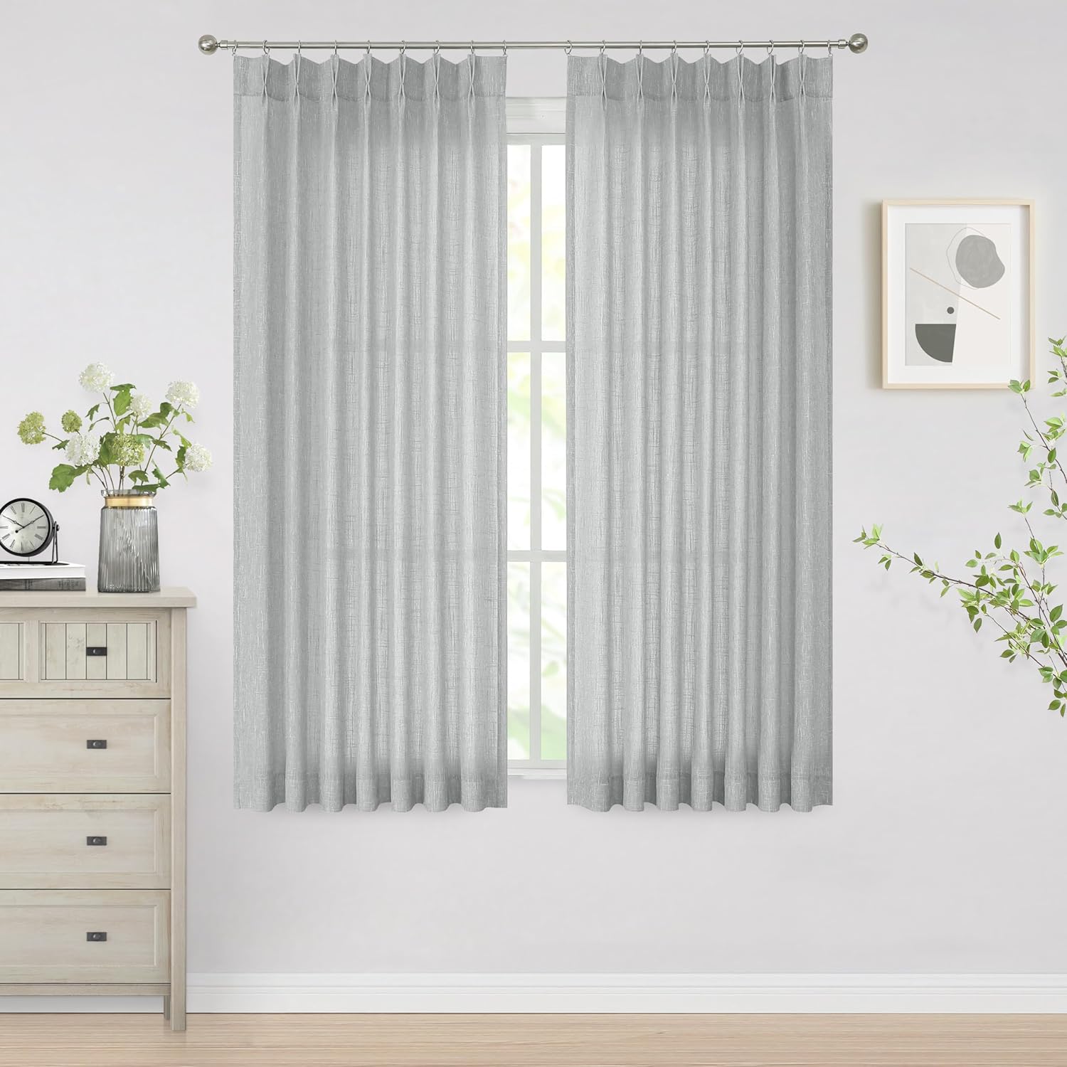 Vision Home Natural Pinch Pleated Semi Sheer Curtains Textured Linen Blended Light Filtering Window Curtains 90 inch for Living Room Bedroom Pinch Pleat Drapes with Hooks 2 Panels 42" Wx90 L