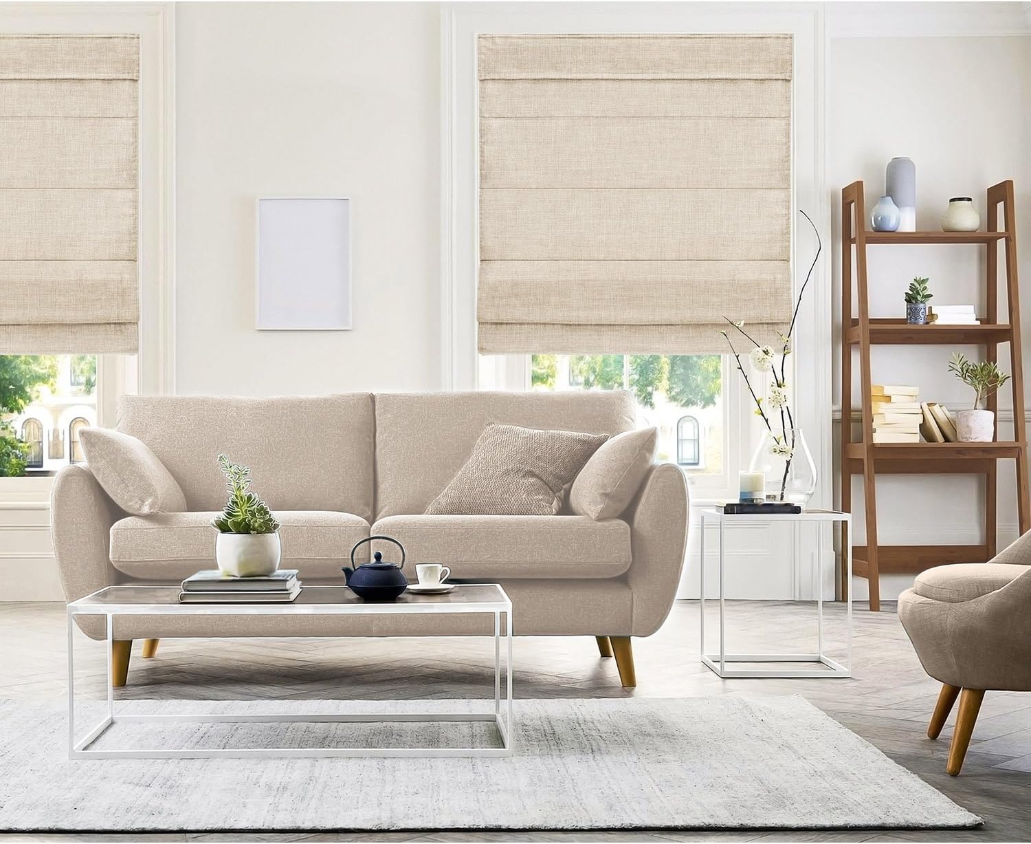 CHICOLOGY - RMBF3564 Cordless Roman Shades Cross-Hatched Modern Fabric Cascade Window Blind Treatment, 35"W X 64"H, Belgian Flax (Privacy & Light Filtering)