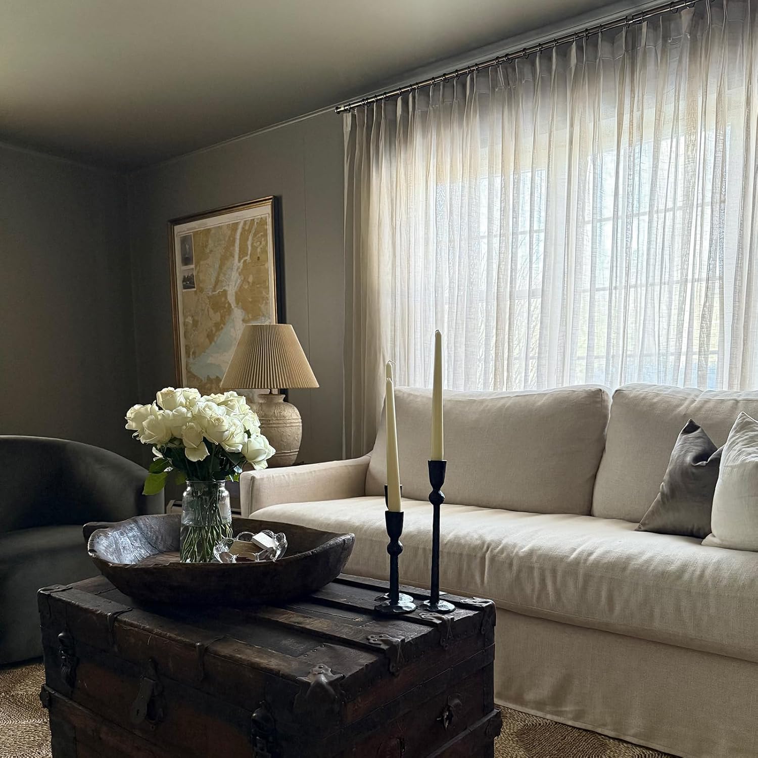 TWOPAGES Light Brown Pinch Pleated Sheer Curtains 90 Inches Long Linen Textured Drapes for Living Room Bedroom Faux Linen Curtains with Hooks, Set of 2, 52" W x 90" L