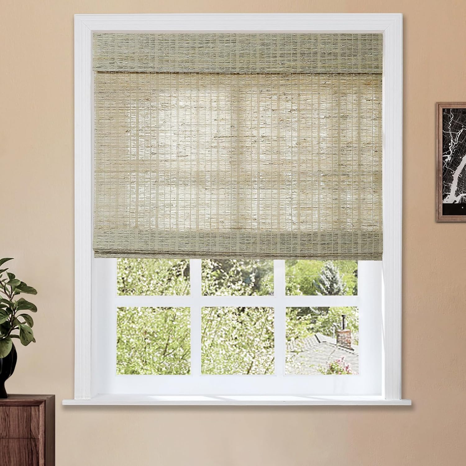 TWOPAGES Natural Cordless Ramie Roman Shade No Drill Customized Roman Blind Light Filtering Blackout Roman Window Shade for Windows, Beige, 1 Piece